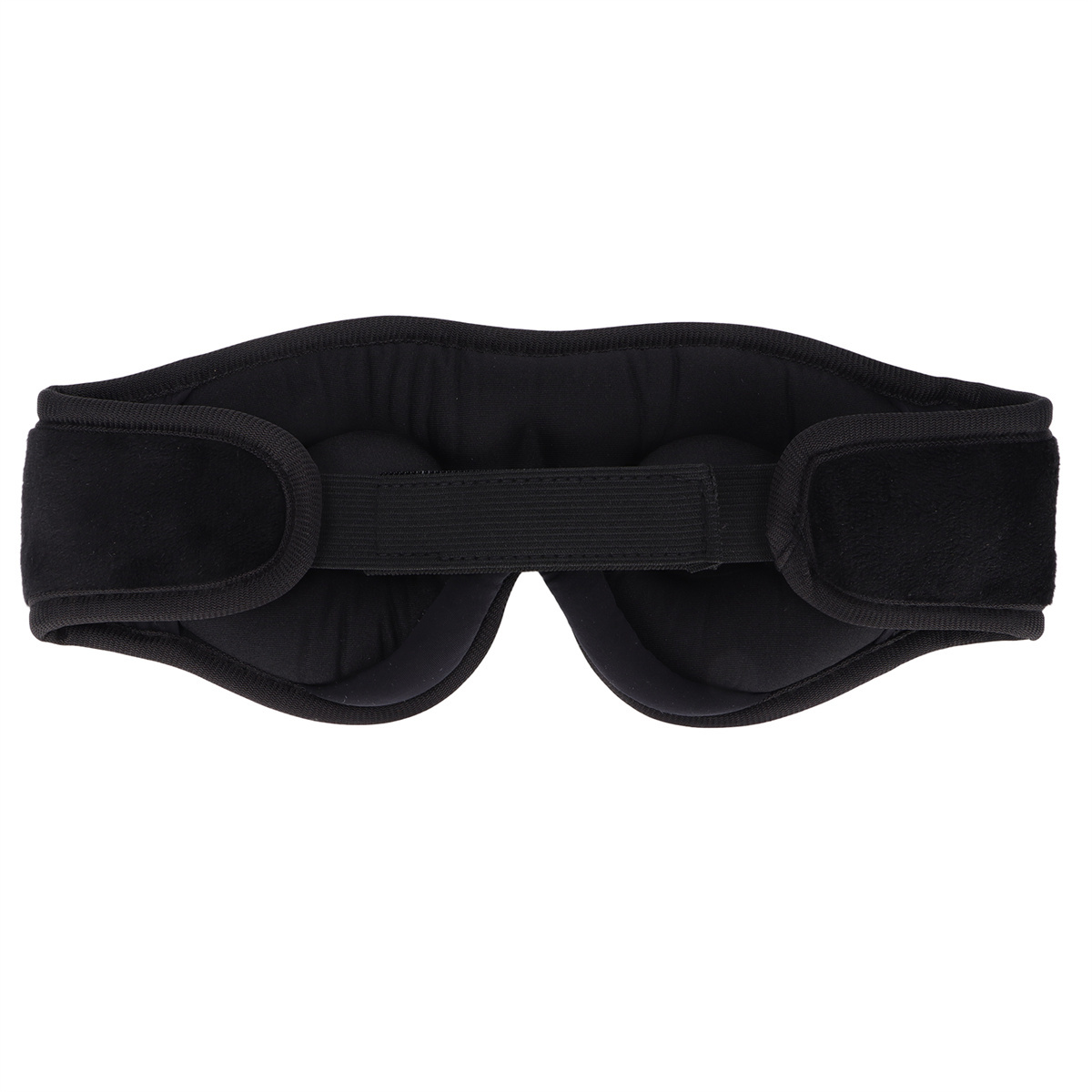 Eine schwarze Augenmaske mit dickem Riemen und zwei gepolsterten Augenabdeckungen.