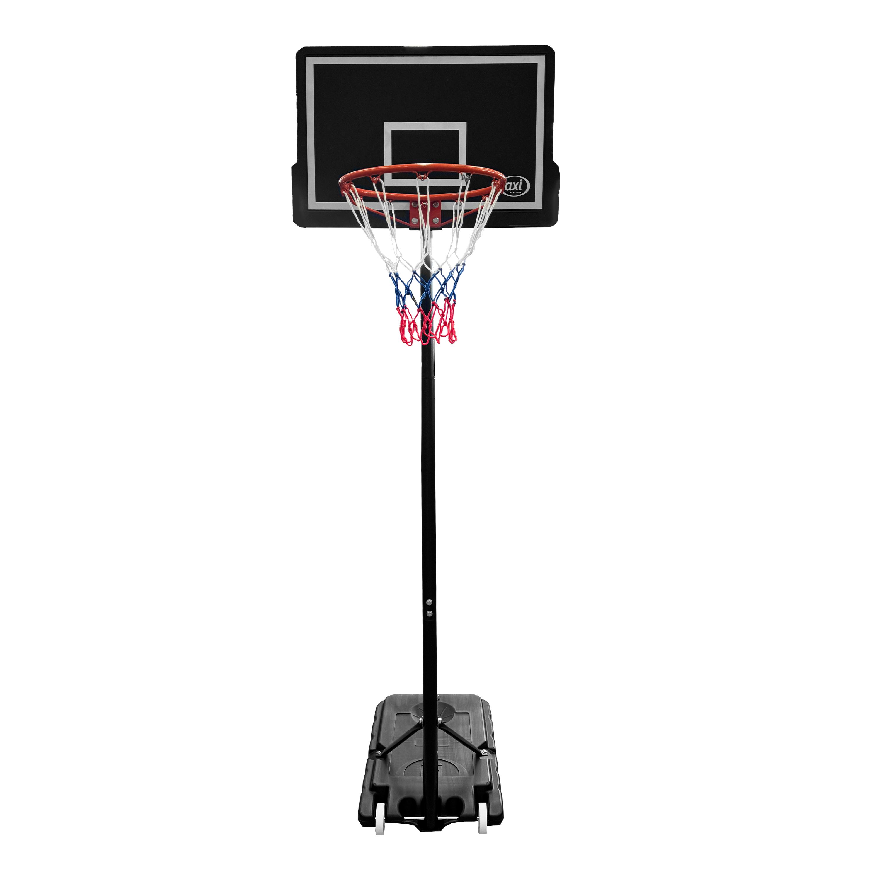 Schwarzer Basketballkorb auf weißem Hintergrund. Das Netz ist rot, weiß und blau.