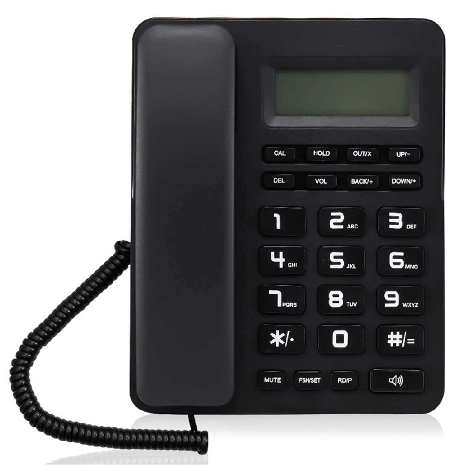 Schwarzes Telefon mit Knöpfen und Display auf weißem Hintergrund.