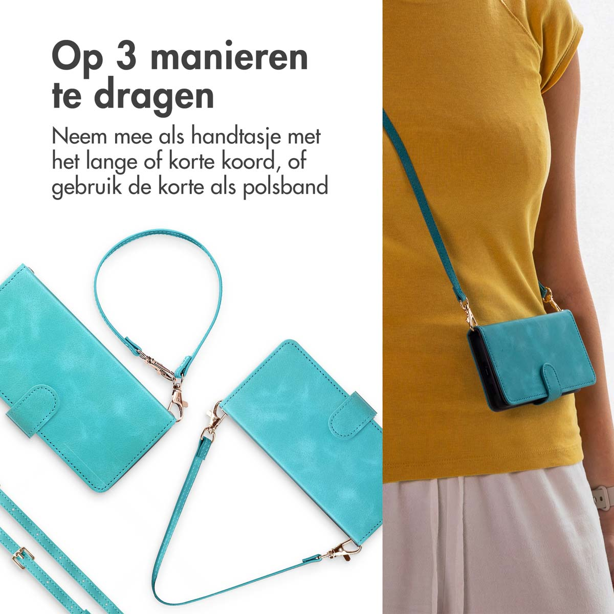 Een blauwgroene telefoonhoes met verschillende draagopties op een geel shirt.