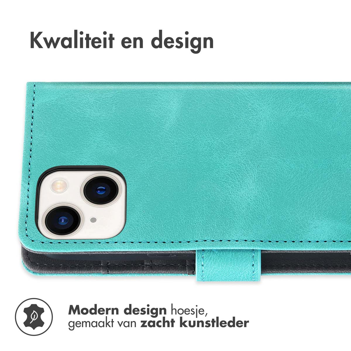 Een open turquoise telefoonhoesje, met telefoon en camera zichtbaar.