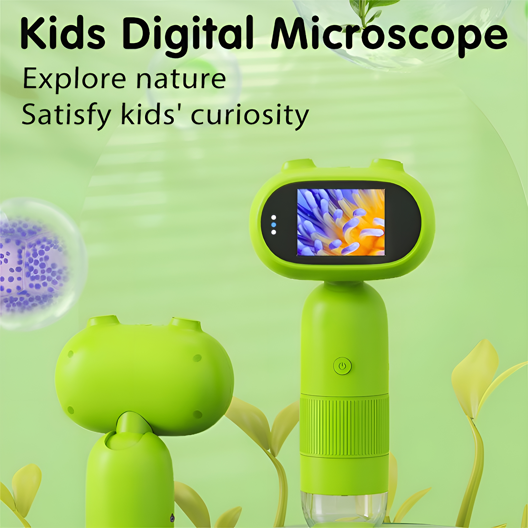 Grünes digitales Kindermikroskop mit einem Bildschirm, der ein Zellbild anzeigt. Grüner Hintergrund.