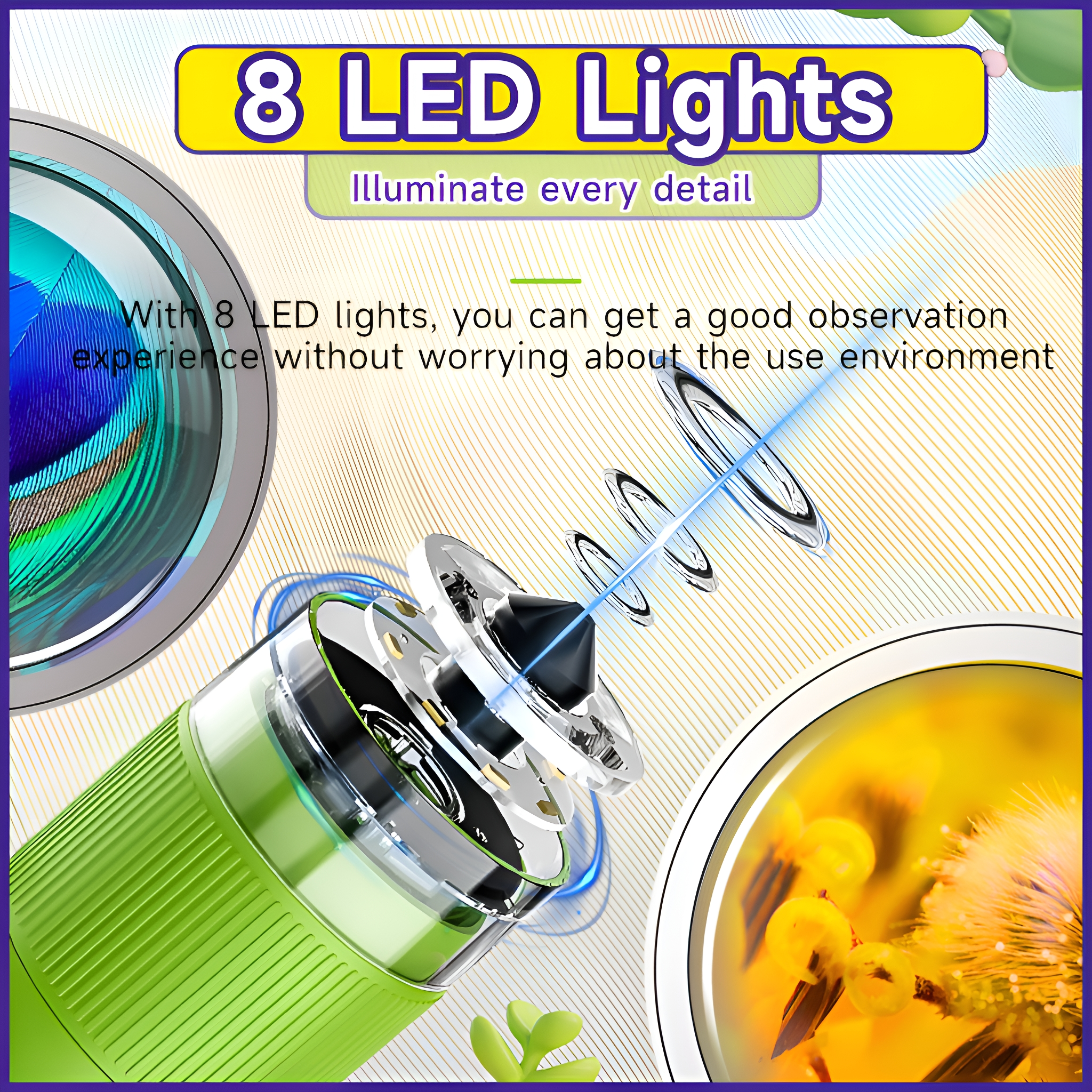 Ein grünes Handgerät mit 8 LED-Leuchten, das zur Beobachtung eines Objekts mit Federn verwendet wird.