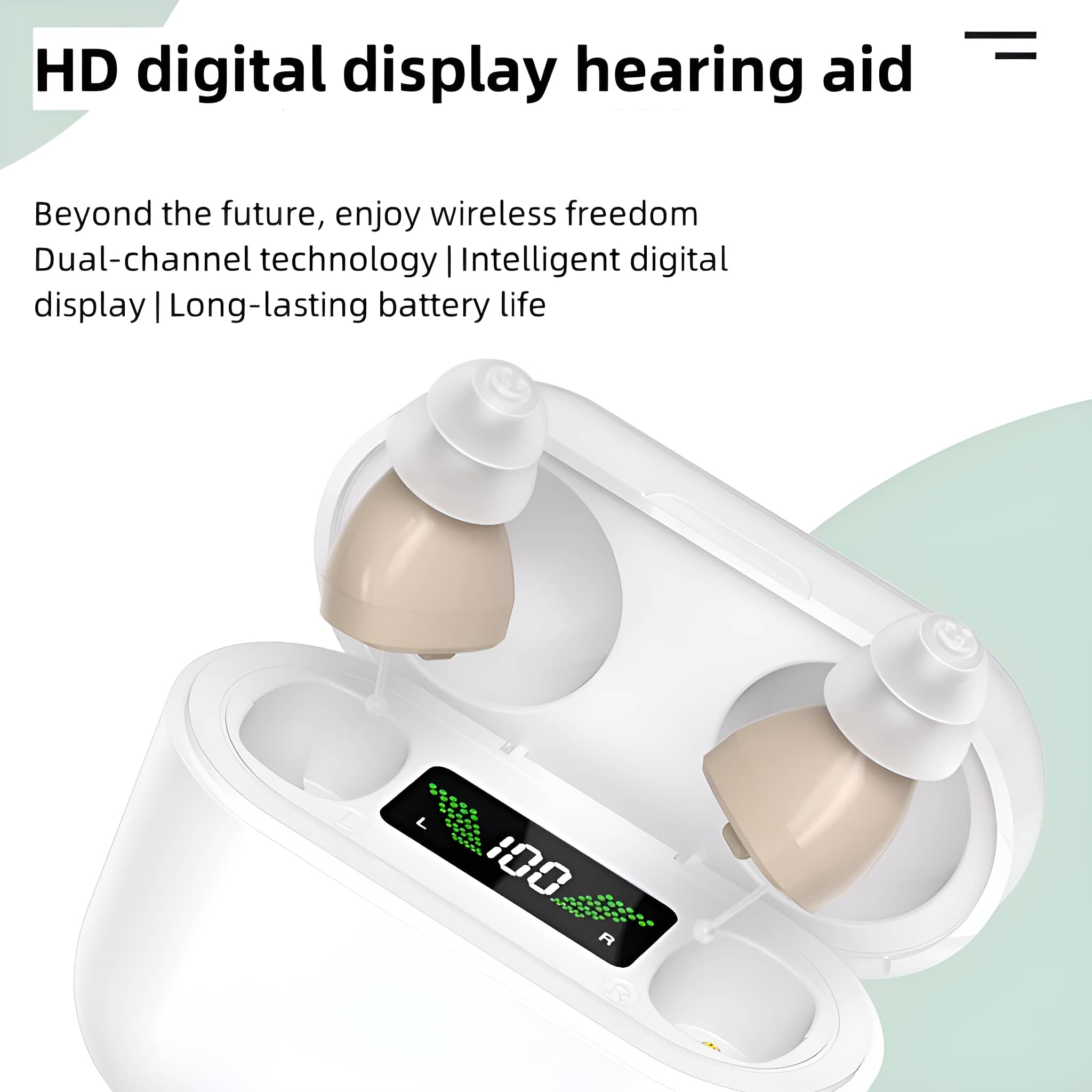 Ein weißes Hörgeräte-Ladegerät mit zwei Hörgeräten. Es hat eine digitale Anzeige.