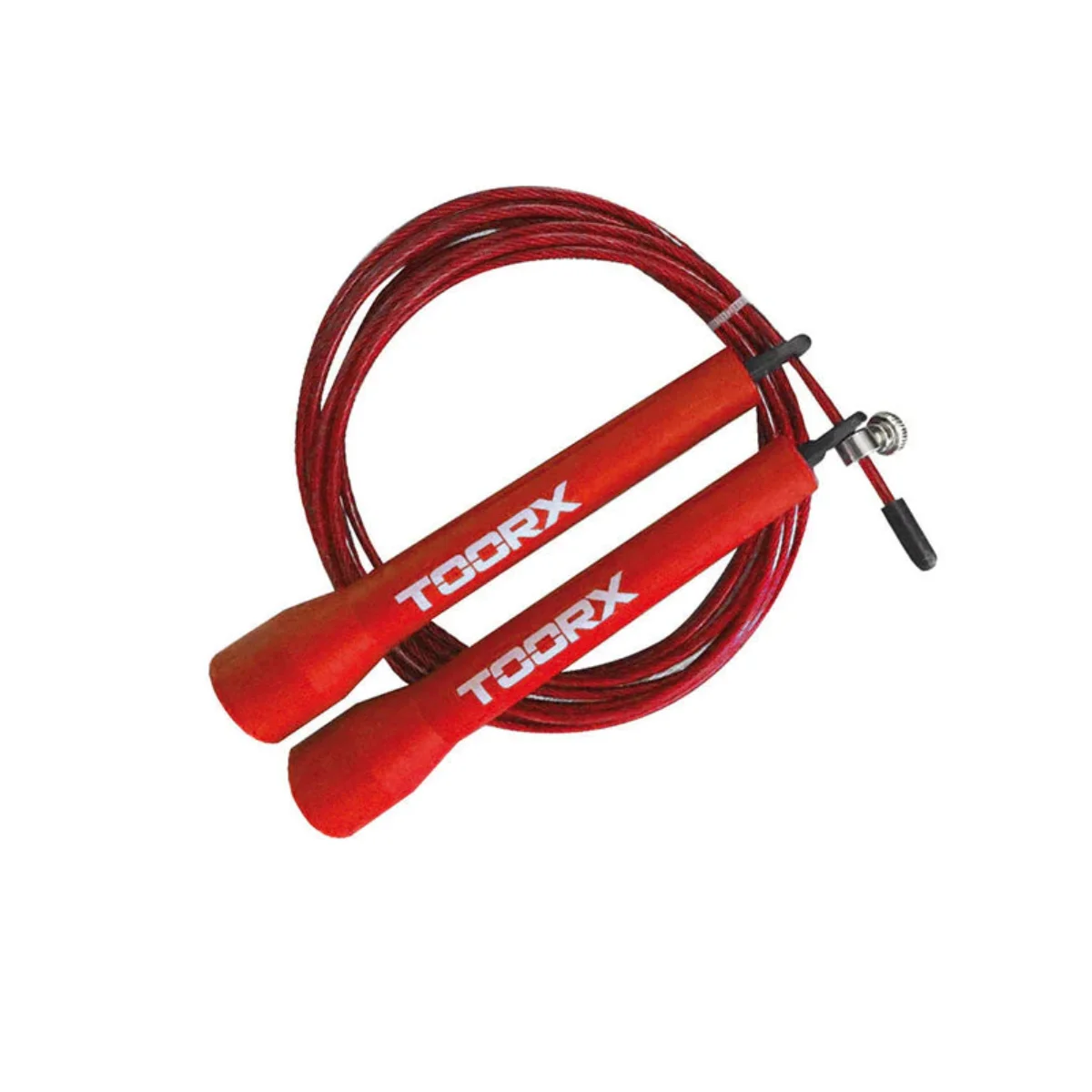 Corde à sauter rouge avec poignées rouges sur fond blanc. La corde est enroulée.