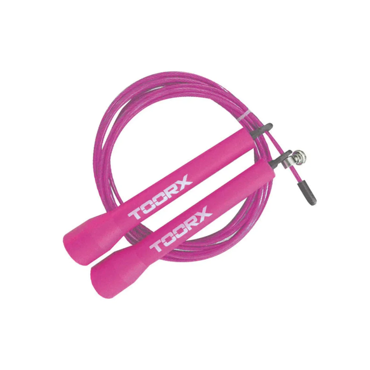 Corde à sauter rose avec poignées roses. Les poignées portent le mot TOORX. La corde est en cercle.