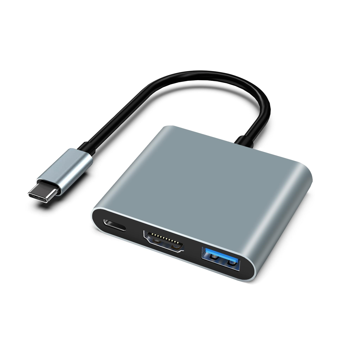 Silber-grauer USB-C-Hub mit HDMI- und USB-Anschlüssen. Schwarzes Kabel. Weißer Hintergrund.