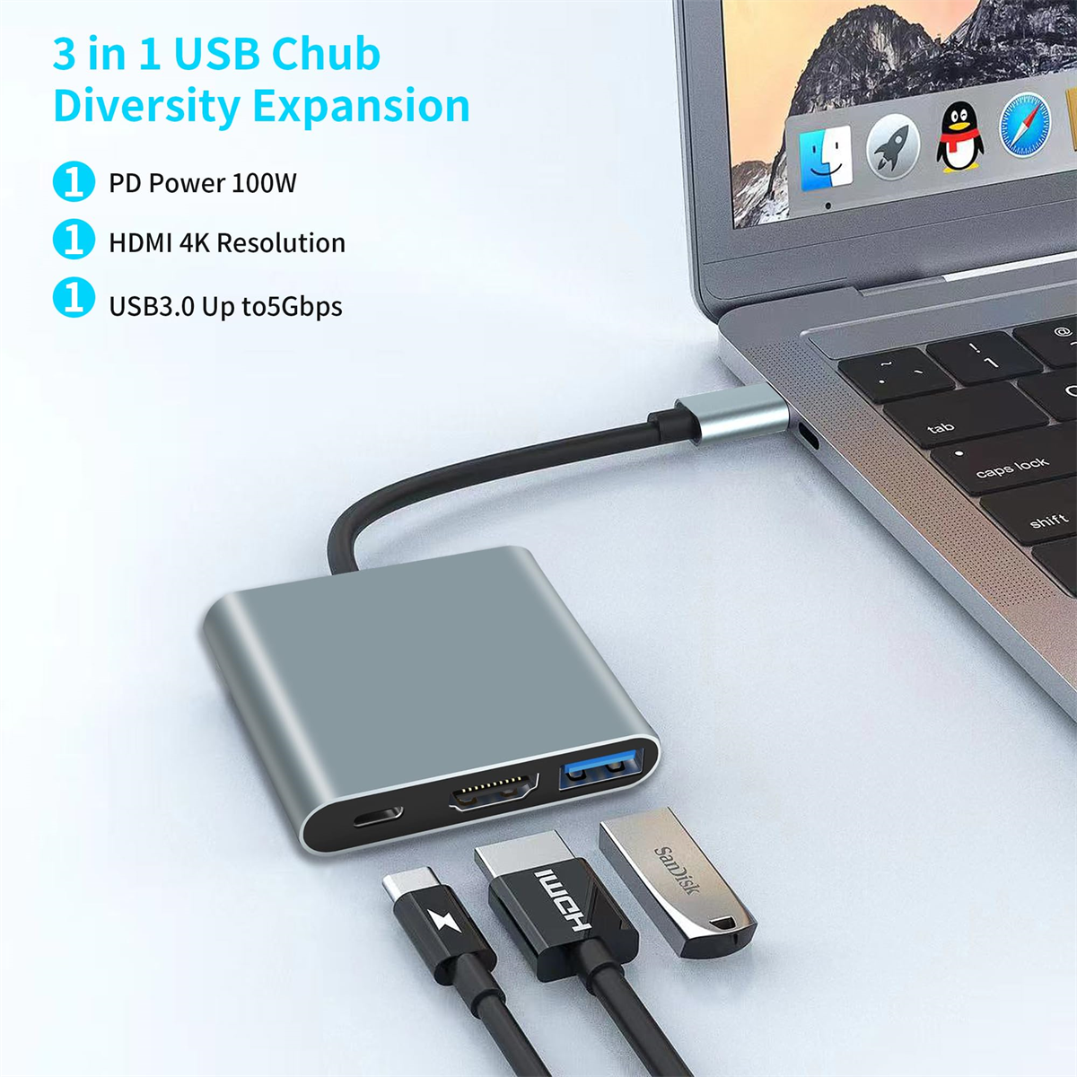 Silberner USB-Hub, an einen Laptop angeschlossen, mit mehreren Anschlüssen, Kabeln und SanDisk.
