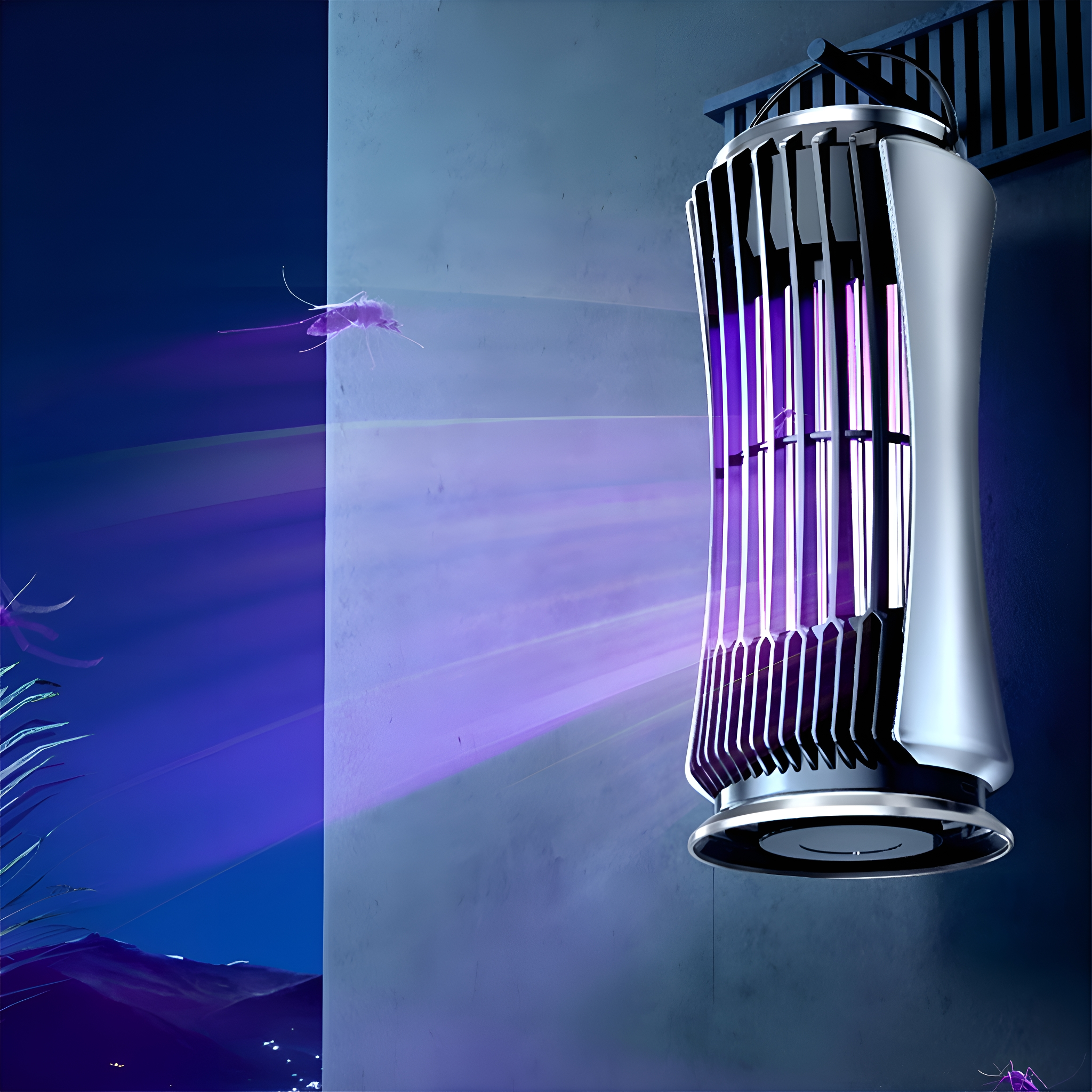 Insektenvernichter mit violettem Licht, strahlt Lichtstrahlen aus. Blauer Hintergrund.