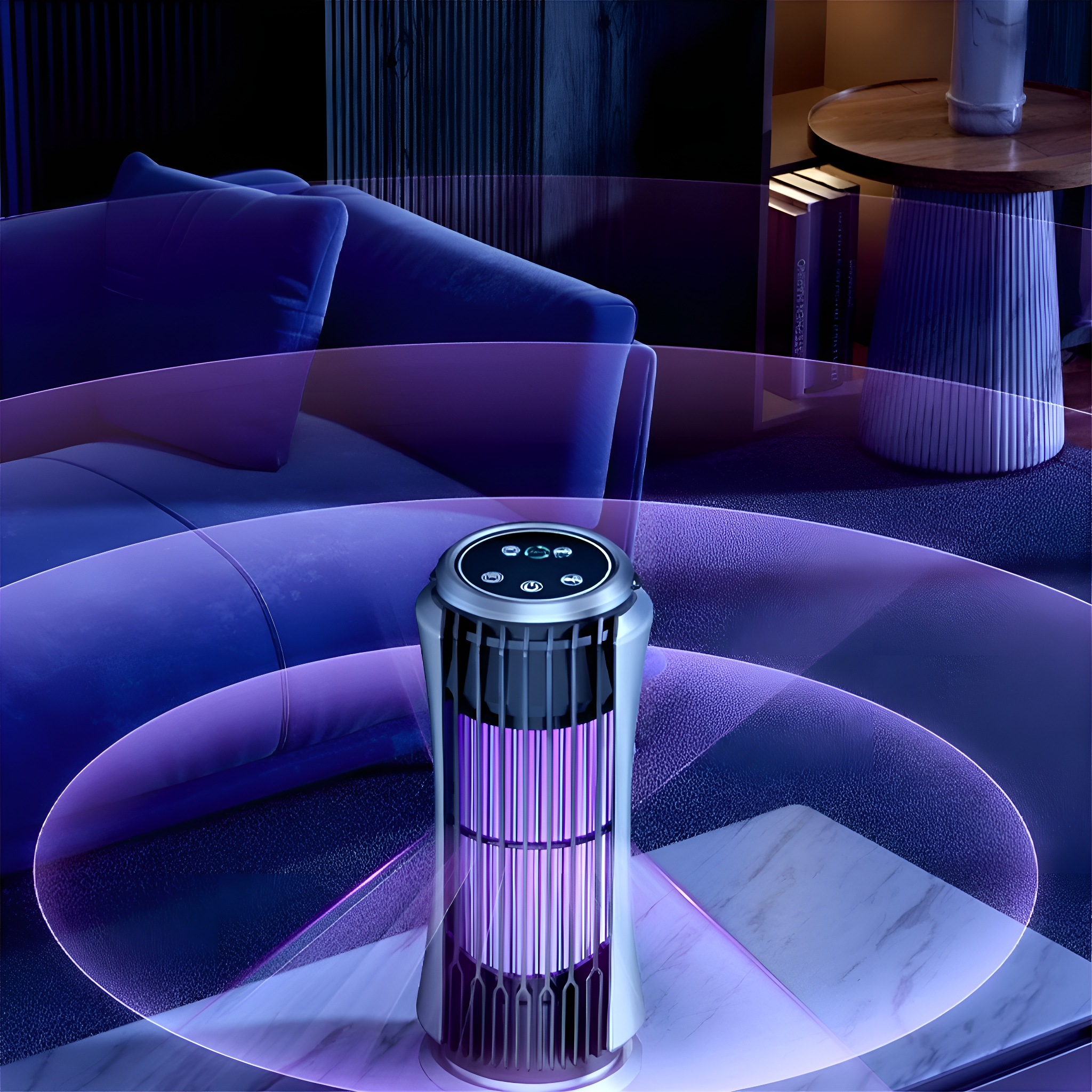Luftreiniger mit violettem Licht, auf einem Marmortisch, in einem Raum.
