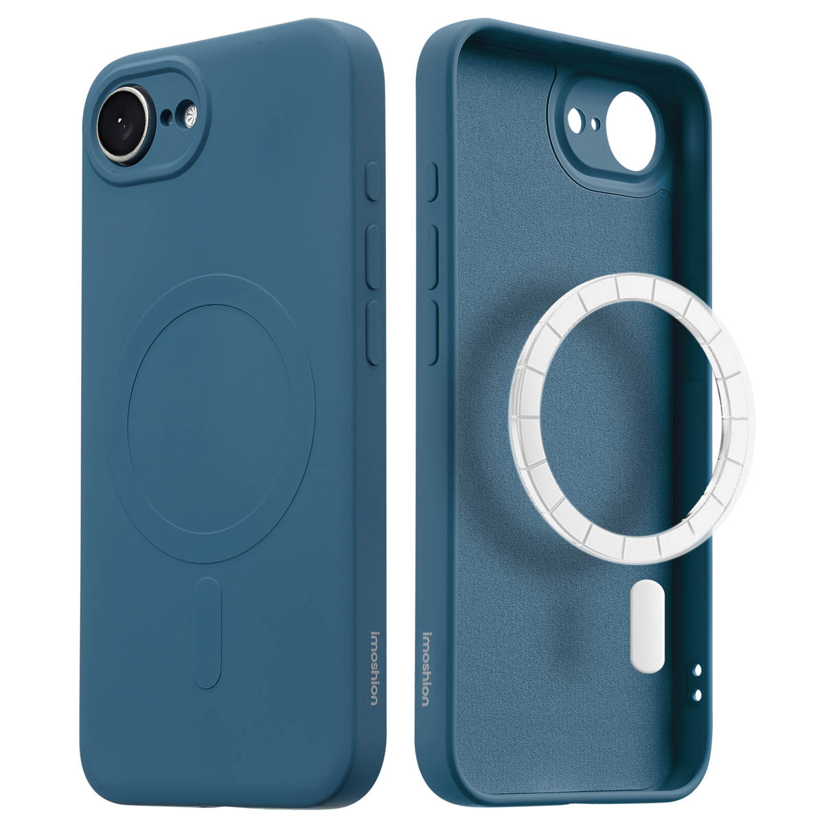 Deux étuis bleus pour téléphone, un avec une découpe circulaire et l'autre montrant l'intérieur et un anneau blanc.