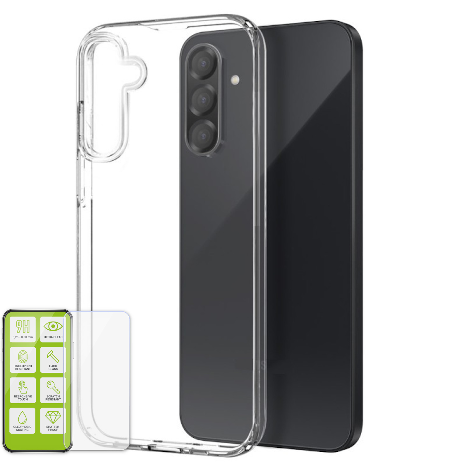 Eine transparente Handyhülle wird mit einem schwarzen Telefon gezeigt. Eine kleine Karte zeigt Merkmale.