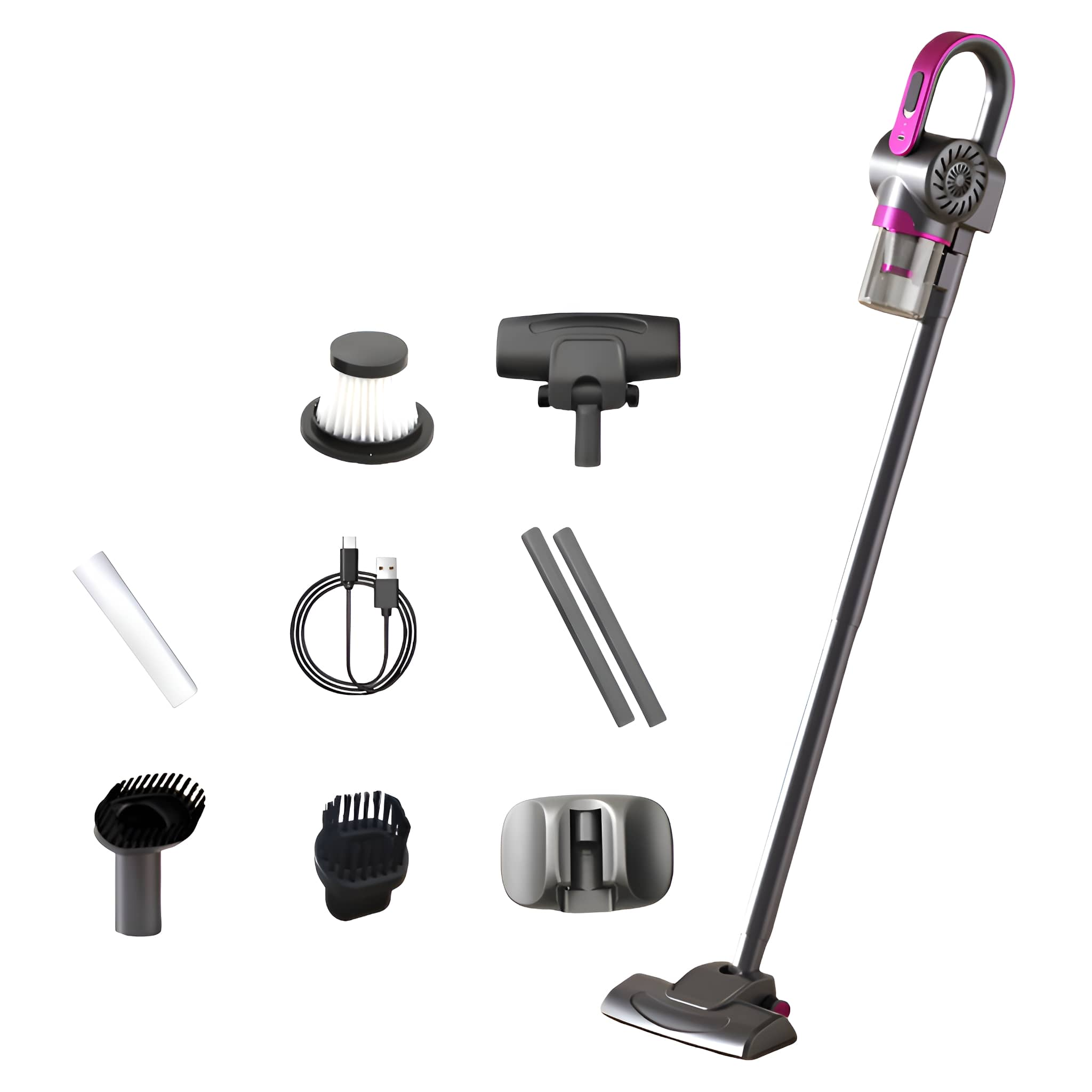 Ein kabelloser Staubsauger und sein Zubehör. Der Staubsauger ist grau und rosa, auf weißem Hintergrund.
