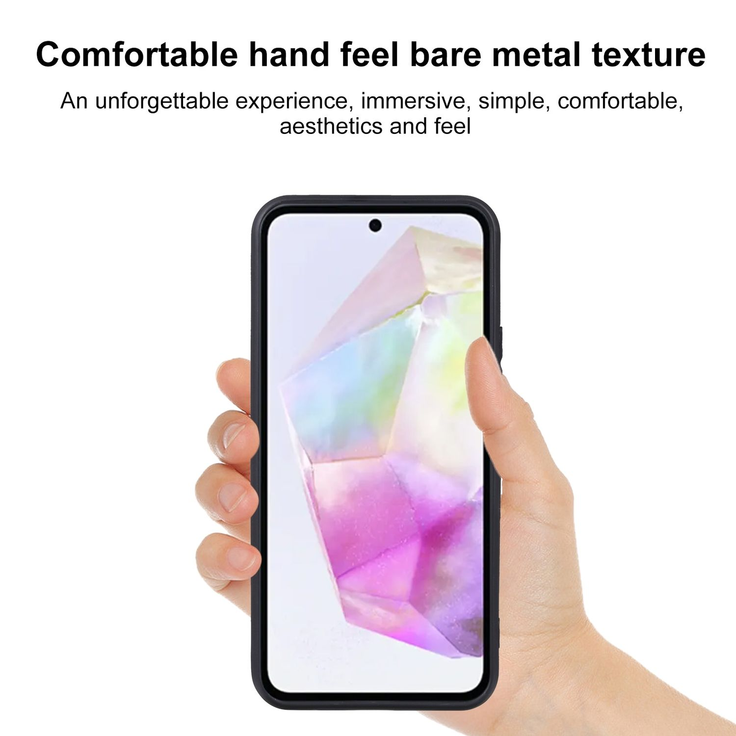 Eine Hand, die ein Smartphone in einer schwarzen Hülle hält. Der Bildschirm zeigt ein farbenfrohes Bild.