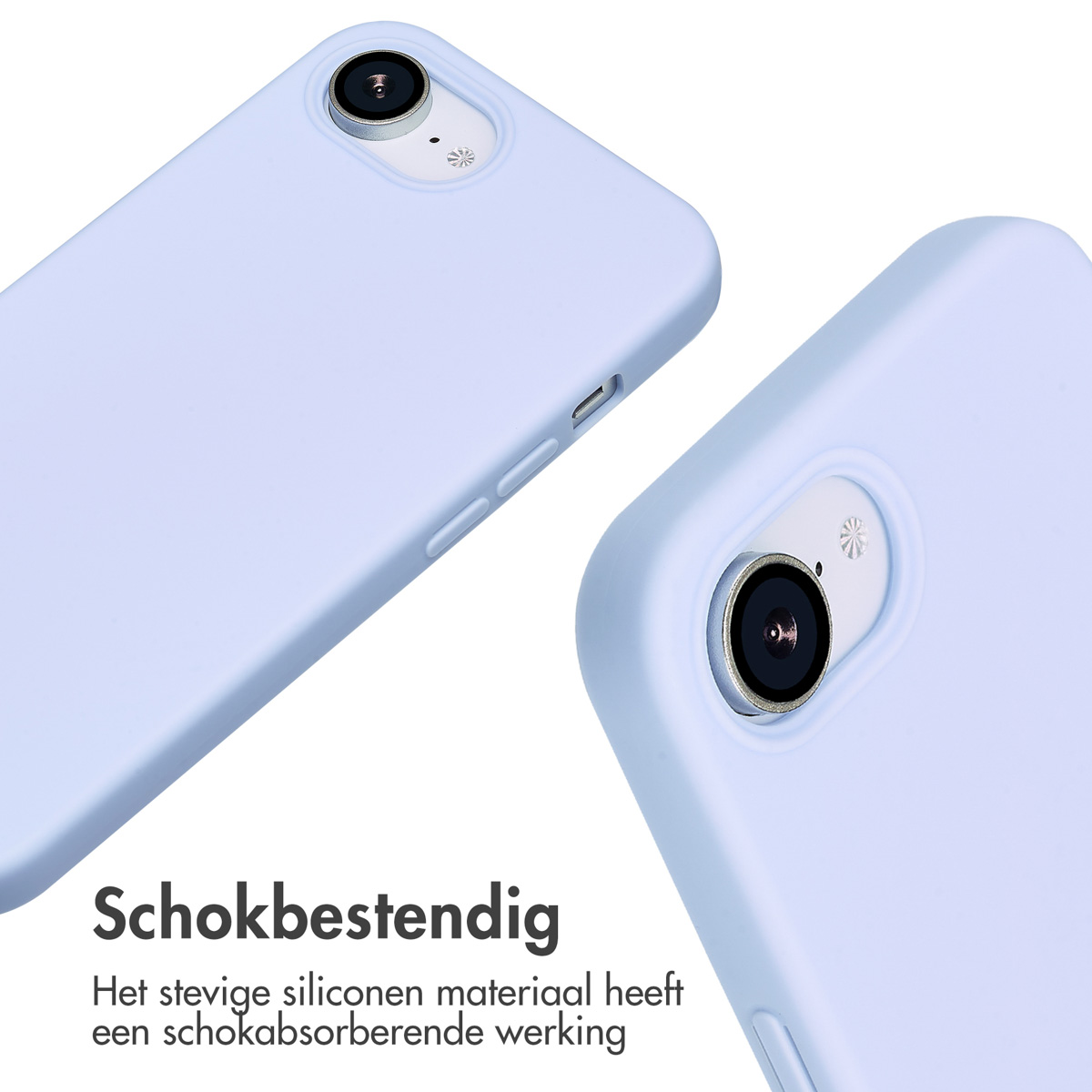 Twee lichtblauwe telefoonhoesjes, close-up. Tekst zegt 'Schokbestendig'.