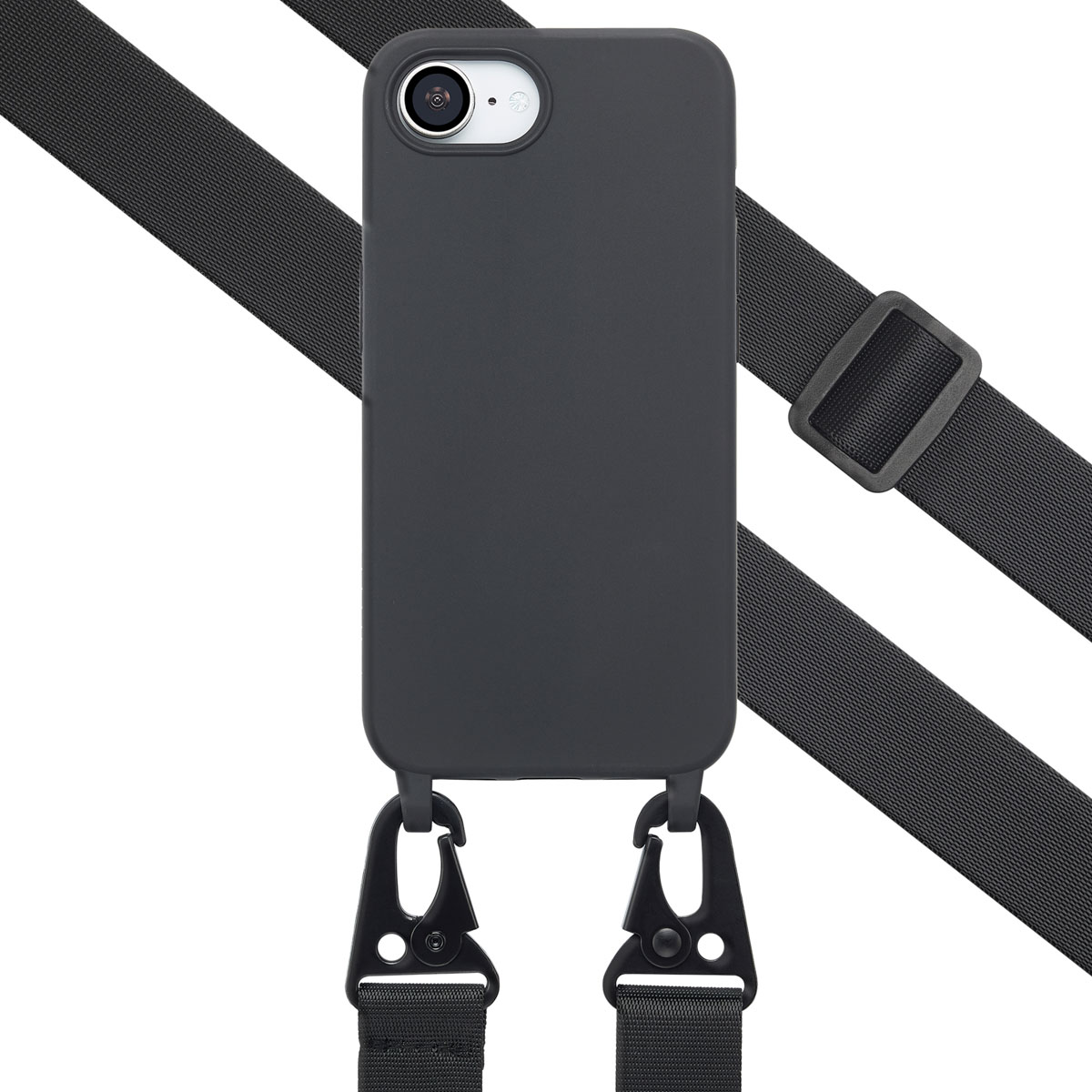 Een zwarte telefoonhoes met een crossbody-riem en zwarte karabijnhaakclips.