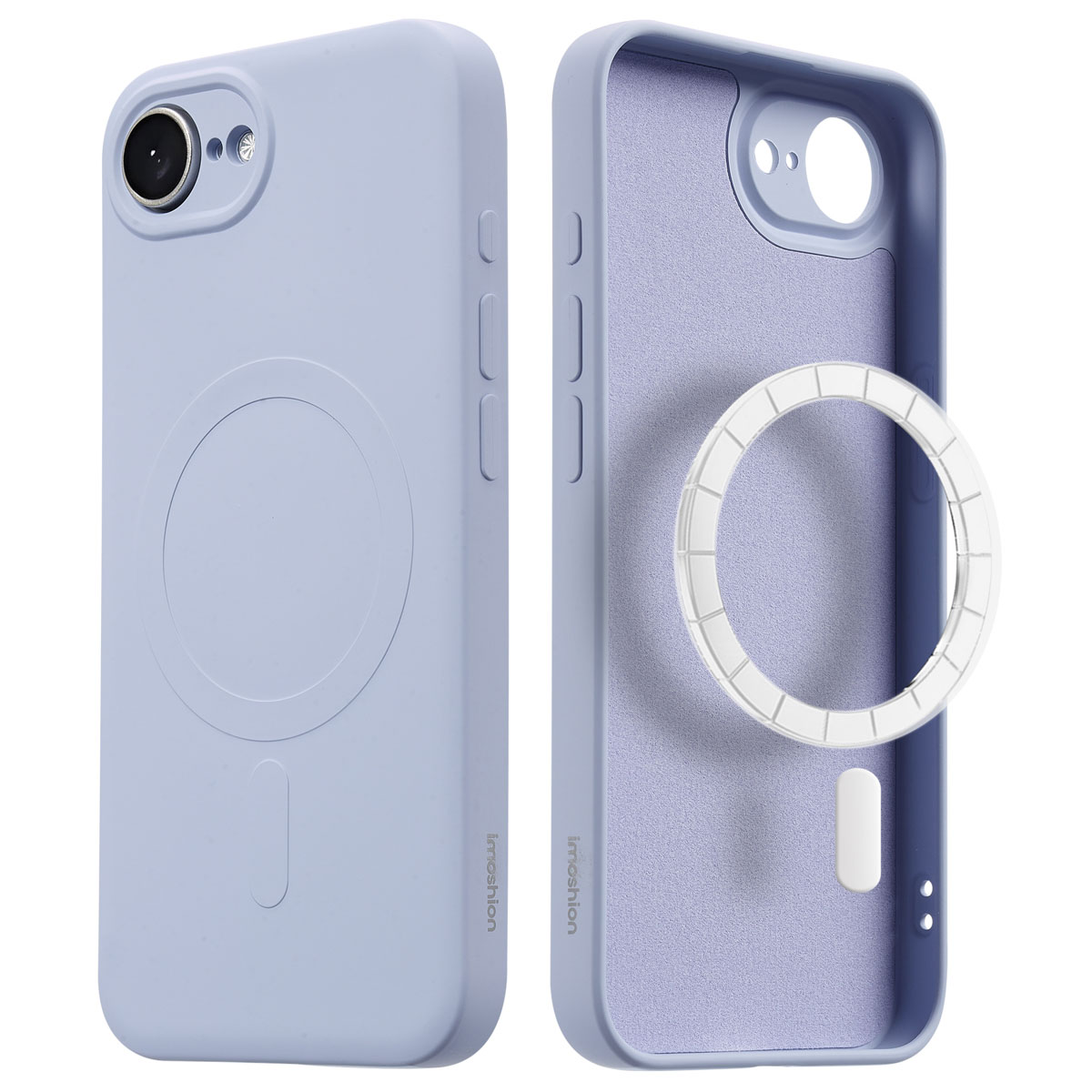 Deux coques de téléphone, une bleue, une intérieure montrant un anneau blanc. Fond blanc. Texte Imoshion.