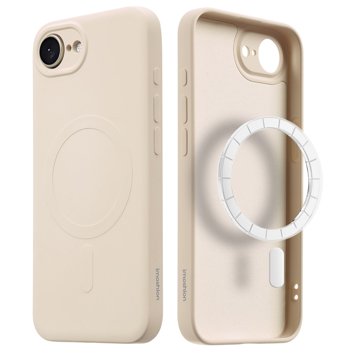 Beige telefoonhoes, binnen en buiten. Het heeft een cirkelvormige magnetische ring. Witte achtergrond.