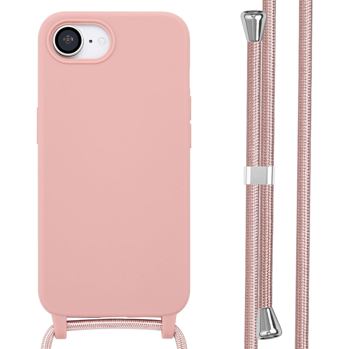 Coque de téléphone rose avec appareil photo et cordon rose.