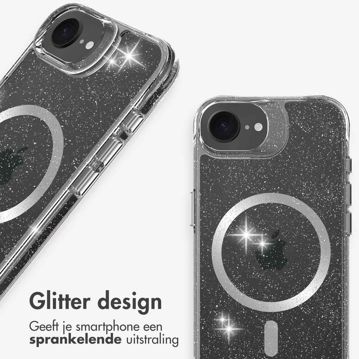Twee doorzichtige telefoonhoesjes met een glitterontwerp. Ze hebben een zilveren ring en de woorden "Glitter design".