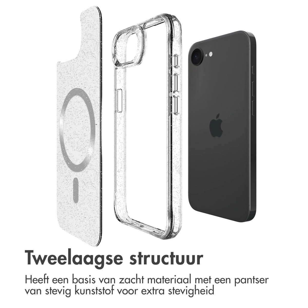 IMOSHION Glitter Backcover met MagSafe 2.0 - Geschikt voor Apple iPhone 17e / 16e - Telefoonhoesje voor Apple iPhone 16e/ iPhone 17e Zilver