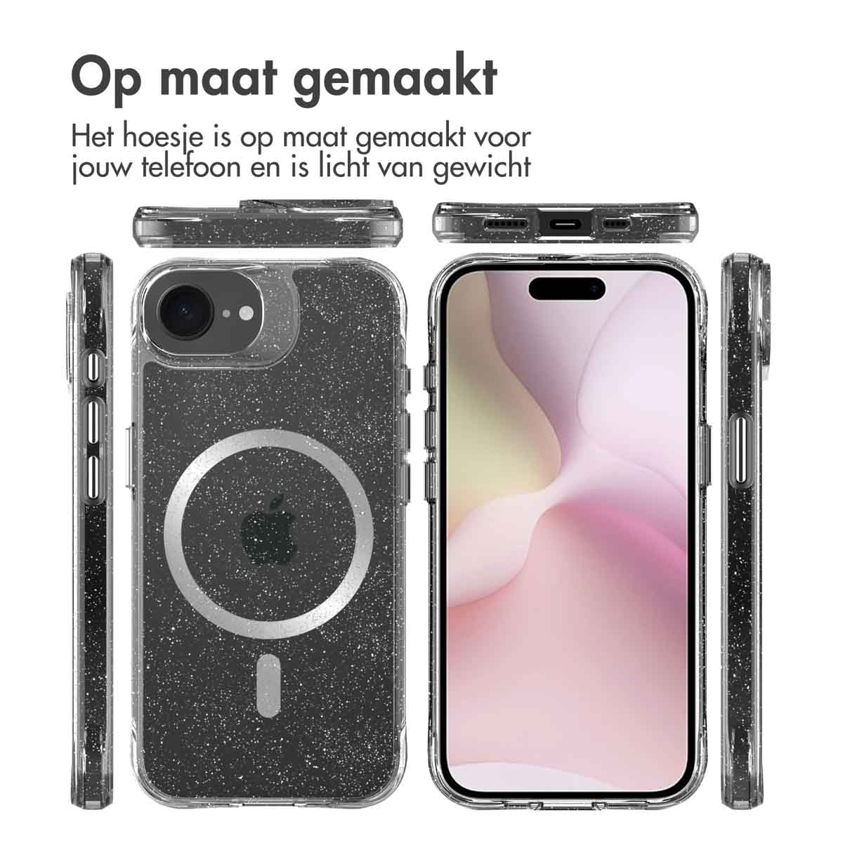 Telefoonhoesje met een magnetische ring en een telefoon. De hoes is transparant met glitter.