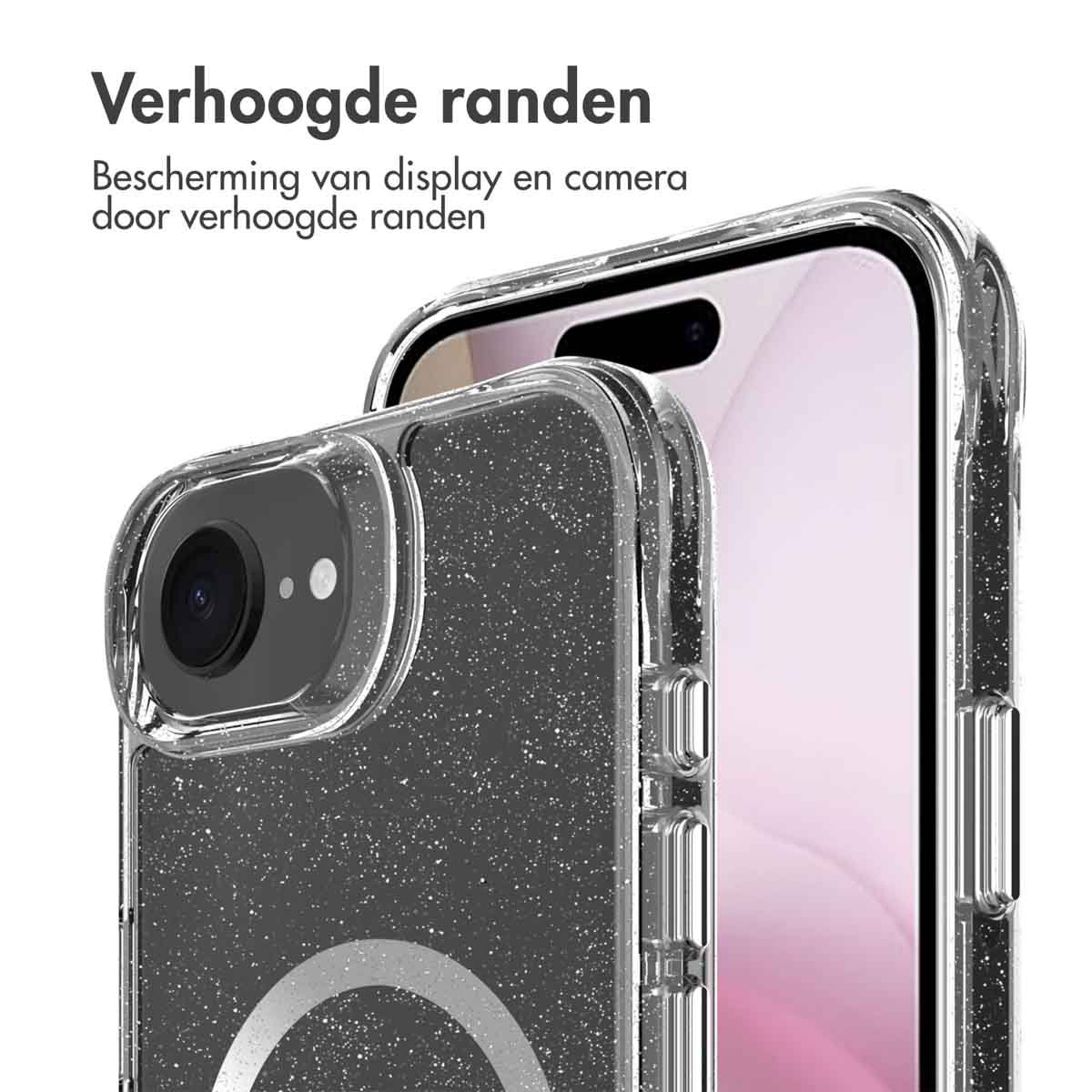 Telefoonhoesje, telefoon erin, met een doorzichtige achterkant en zilveren glitter.