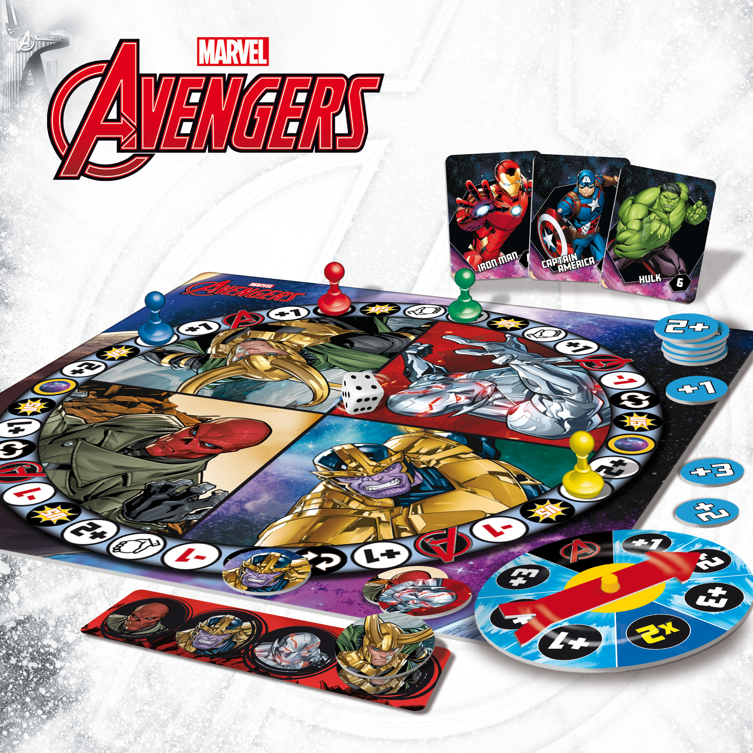 Juego de mesa de los Vengadores de Marvel con cartas y piezas.