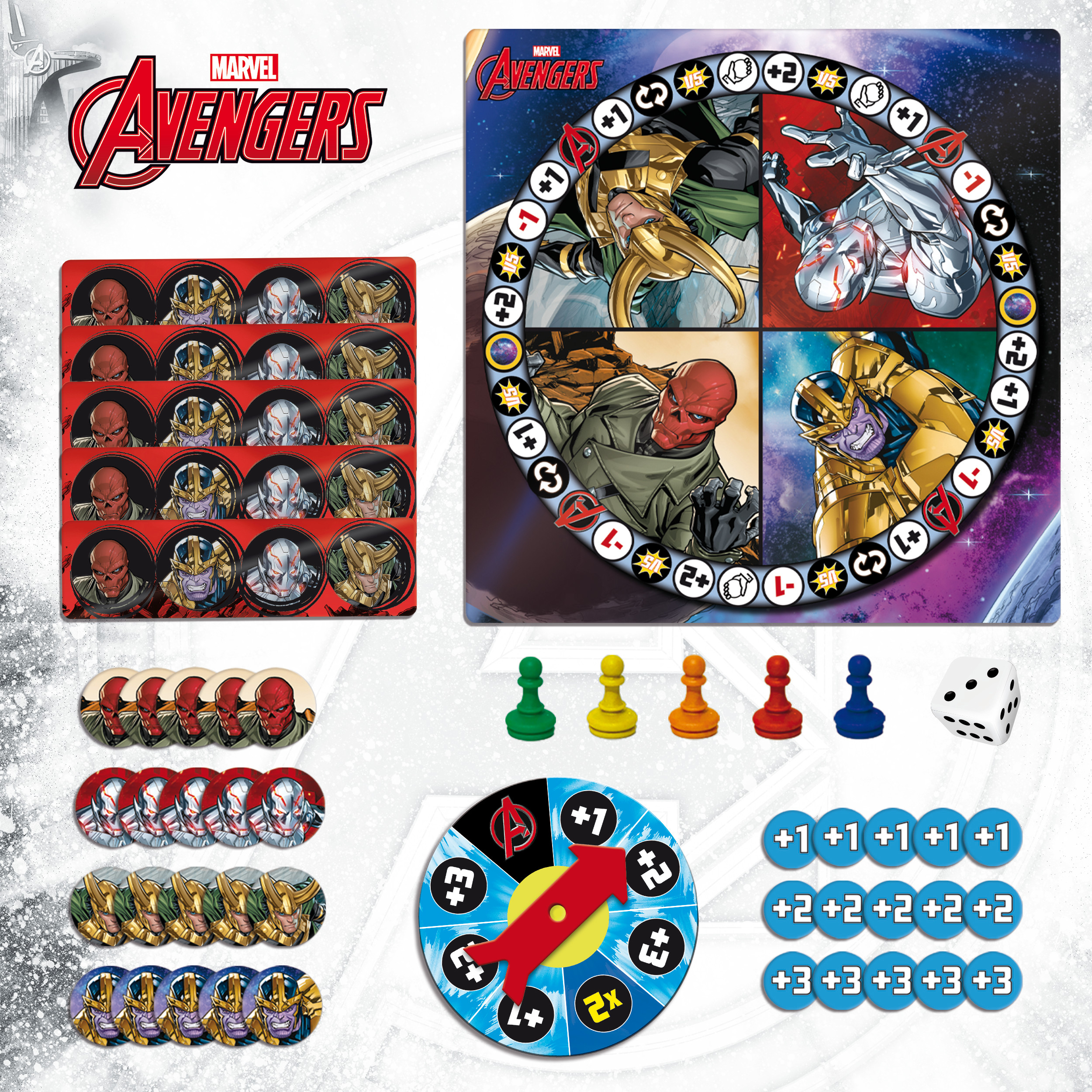 Juego de mesa Marvel Avengers con varias piezas y personajes.