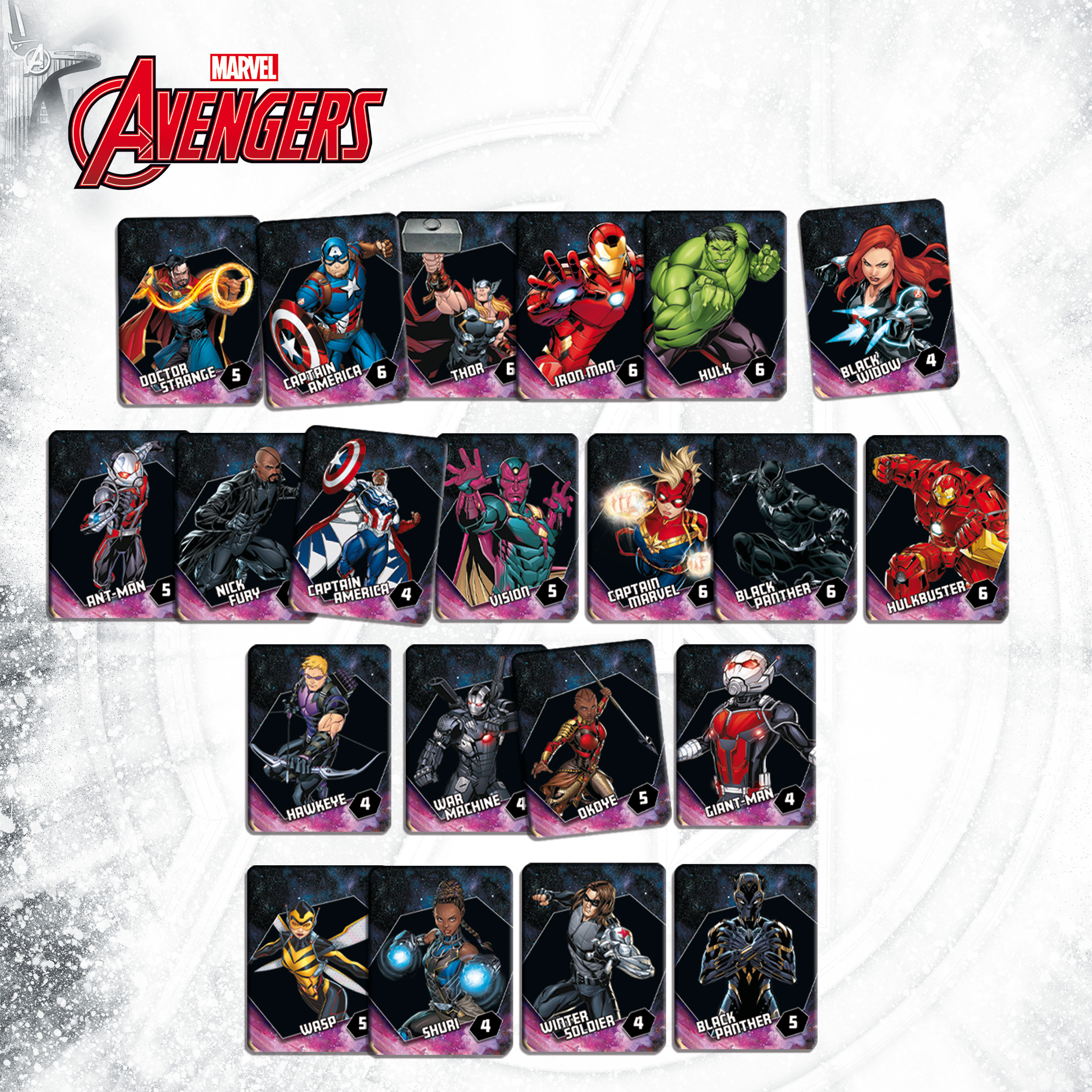 Una colección de cartas coleccionables de Marvel Avengers. Varios personajes se muestran en las cartas.