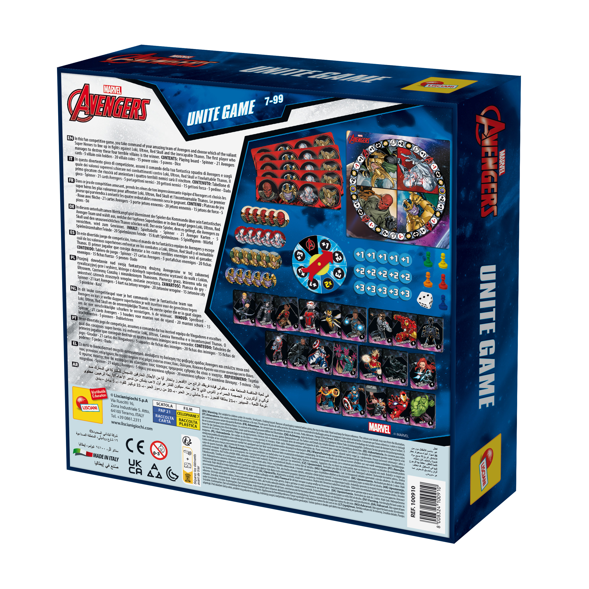 Caja del juego Avengers Unite, con detalles del juego e imágenes de personajes.