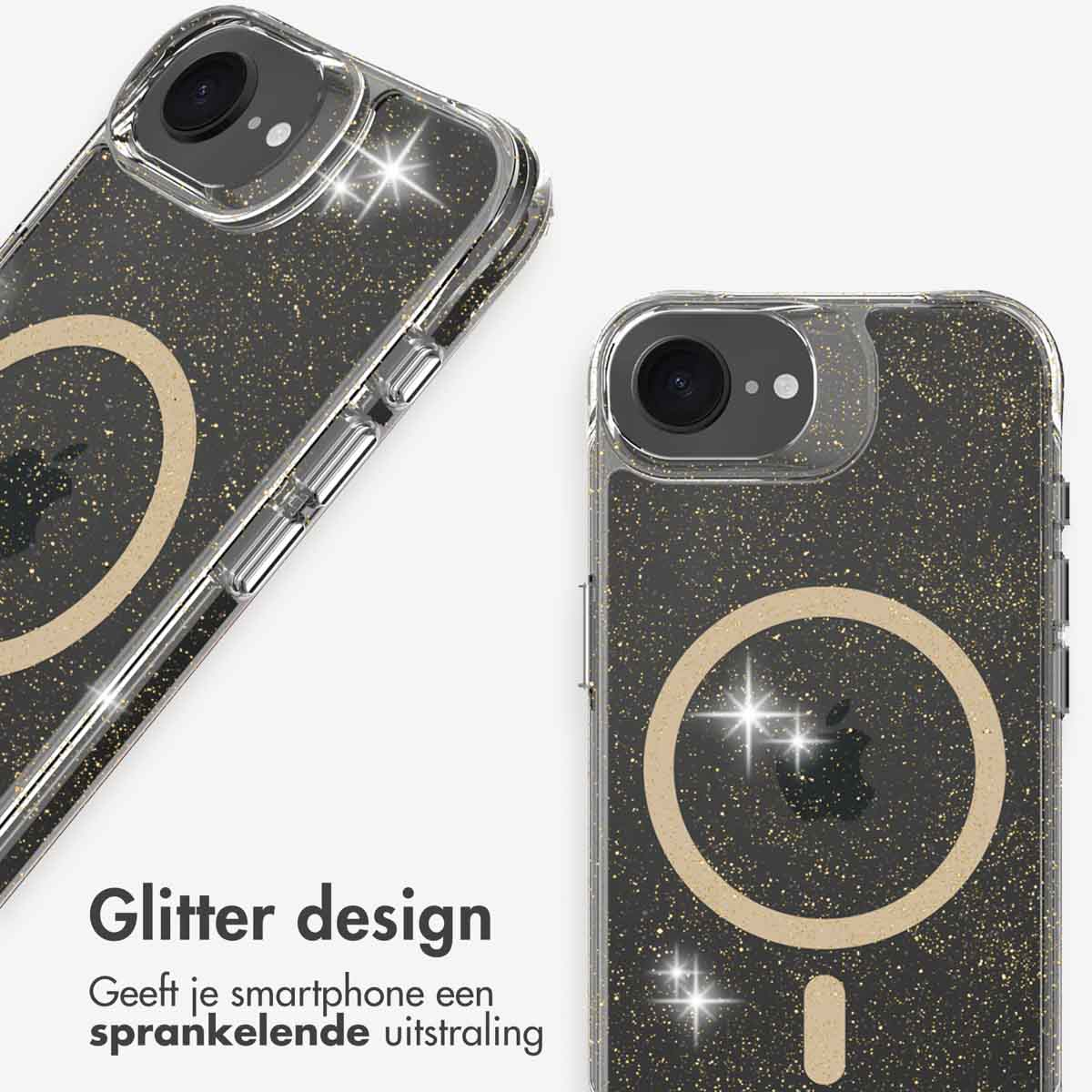 Close-up van twee glitterende telefoonhoesjes met een magnetisch cirkelontwerp.