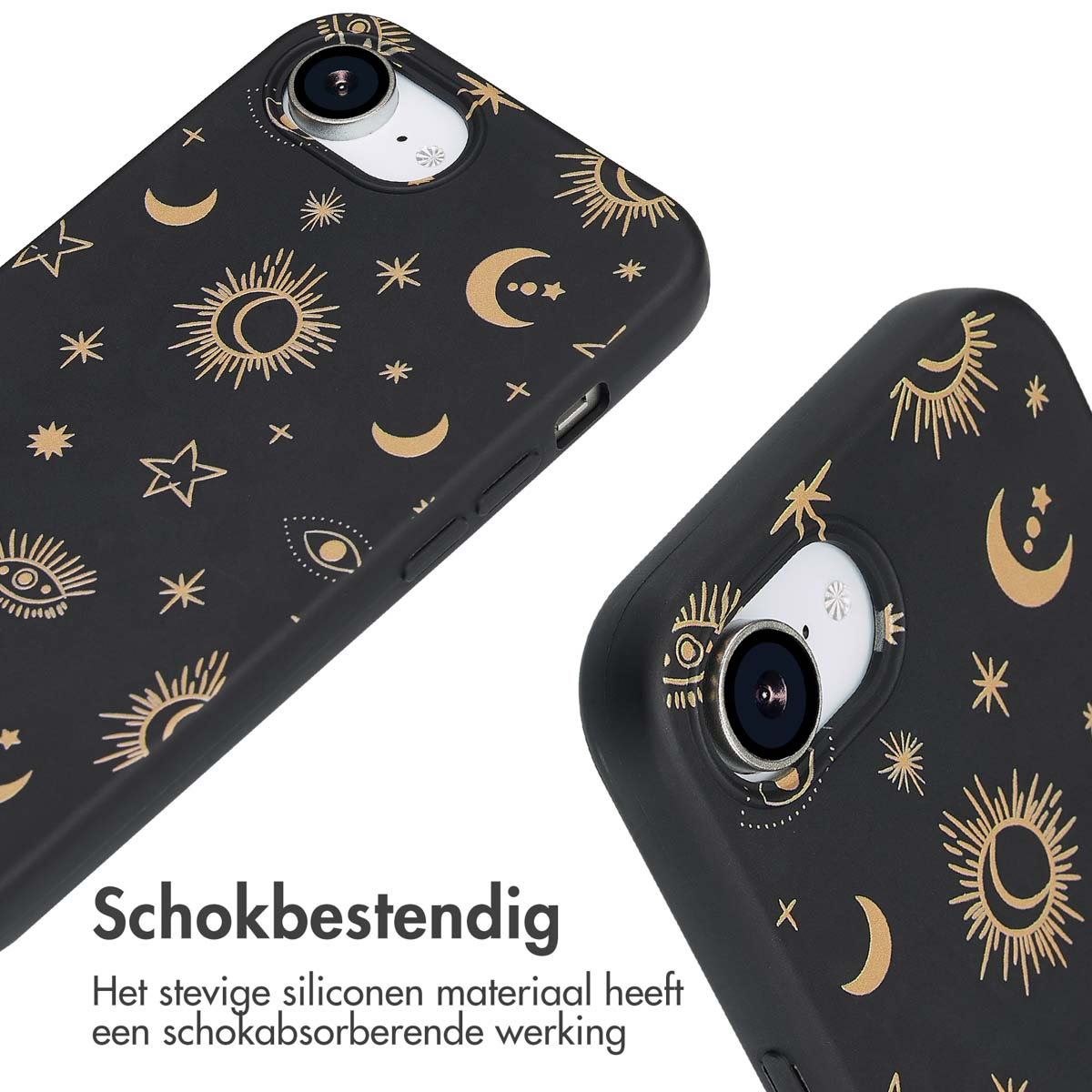 Close-up van twee zwarte telefoonhoesjes met gouden hemelse patronen en tekst.