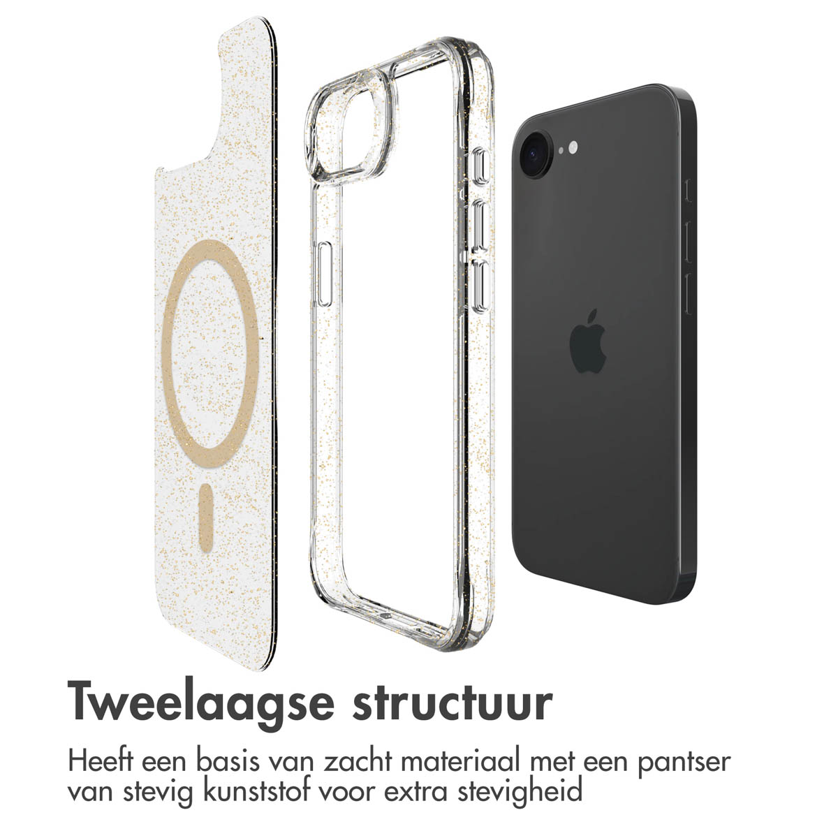 IMOSHION Glitter Backcover met MagSafe 2.0 - Geschikt voor Apple iPhone 17e / 16e - Telefoonhoesje voor Apple iPhone 16e/ iPhone 17e Goud