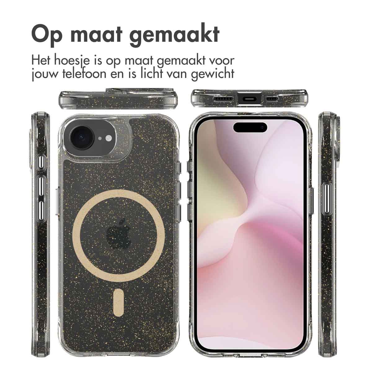 Telefoonhoesje met glitterdesign. Weergegeven vanuit meerdere hoeken, met een telefoon erin.