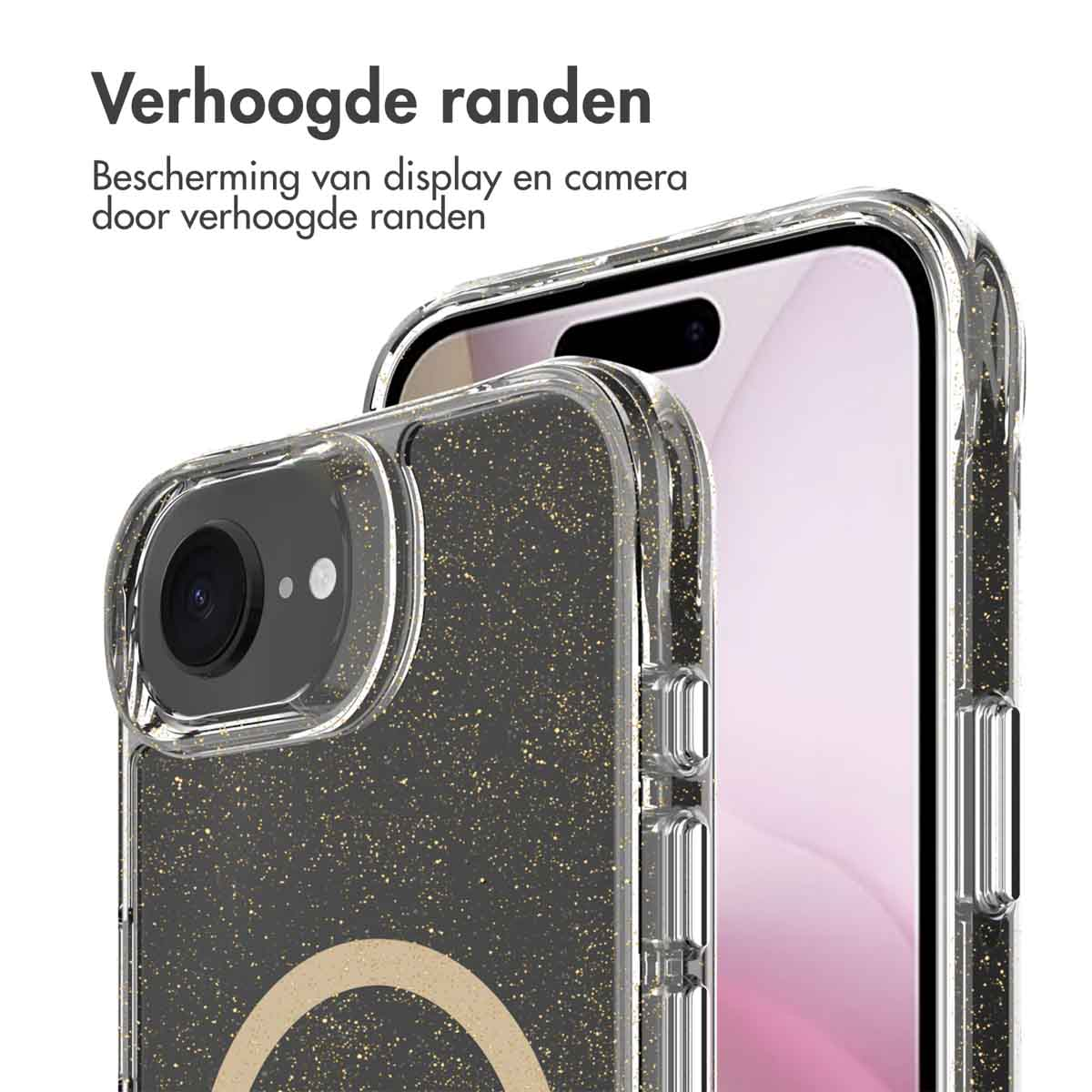 Een close-up van een telefoonhoesje met een goudgespikkelde achterkant en camerabescherming, op een telefoon.