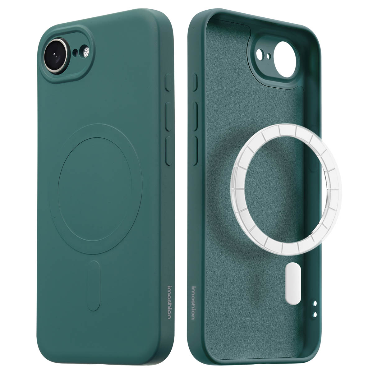 Deux coques de téléphone : vertes, une avec trou pour l'appareil photo et une vue intérieure avec un anneau.