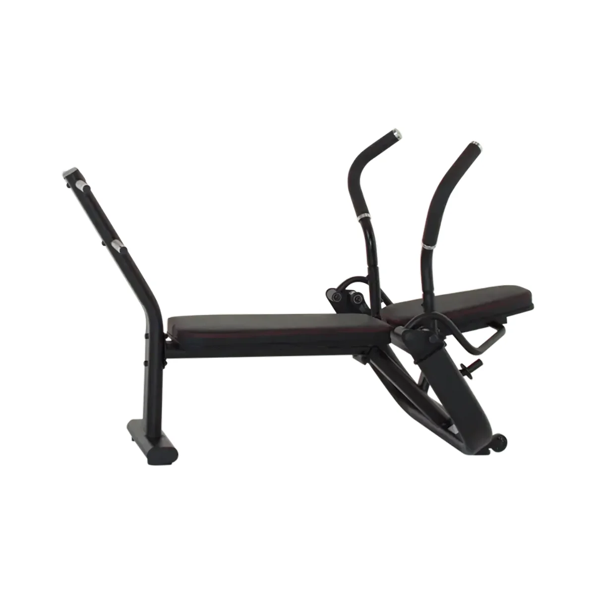 Black exercise bench. It has curved armrests and a backrest. The frame is black and the seat is dark.