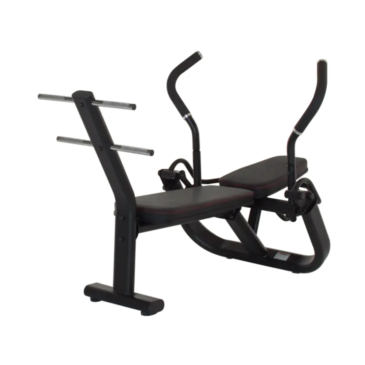 An ab machine with a black frame and red padding. It is on a white background.