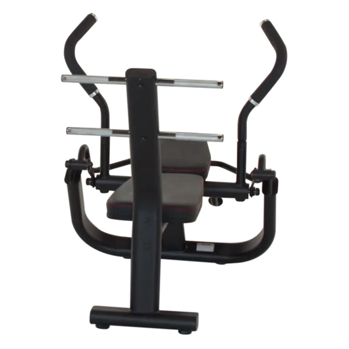 Black exercise machine with handles and pads.