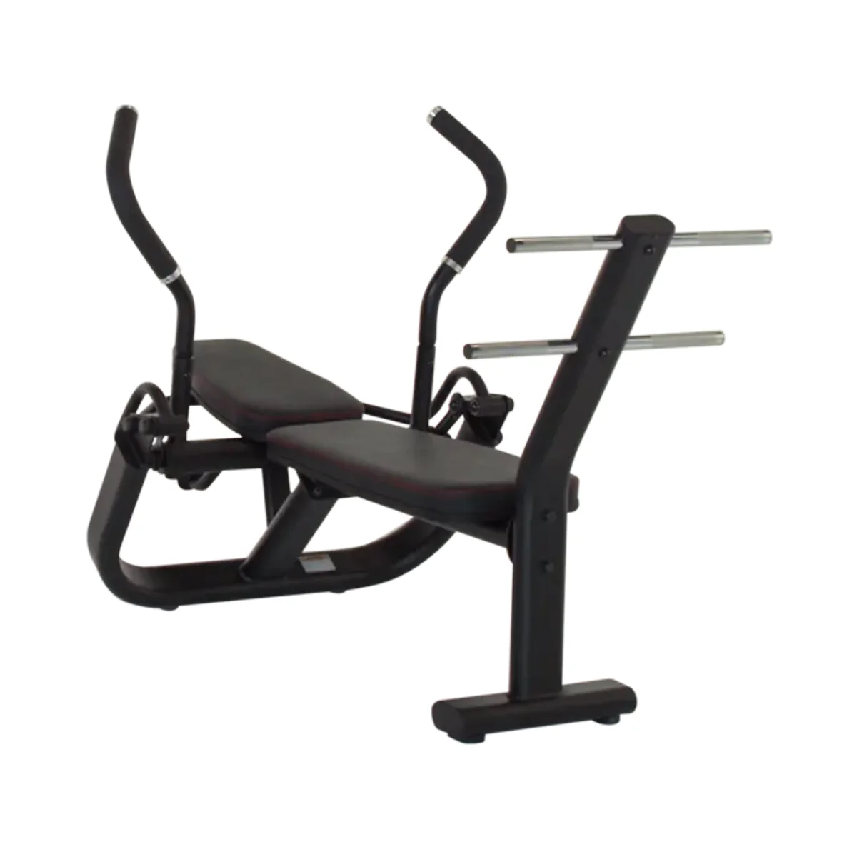 An ab machine, black frame with black seat and pads, silver bars.