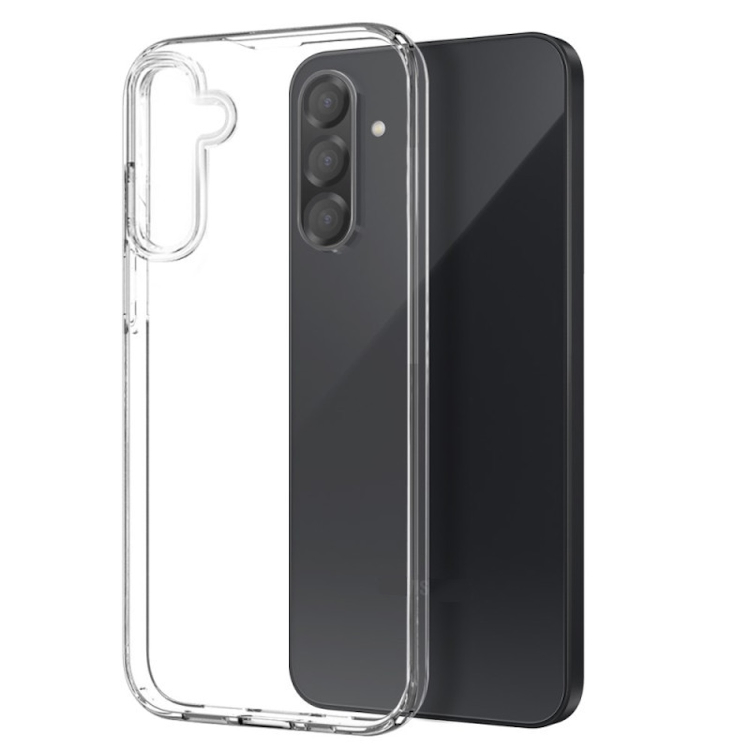 Transparente Handyhülle neben schwarzem Telefon mit Kameras, auf weißem Hintergrund.