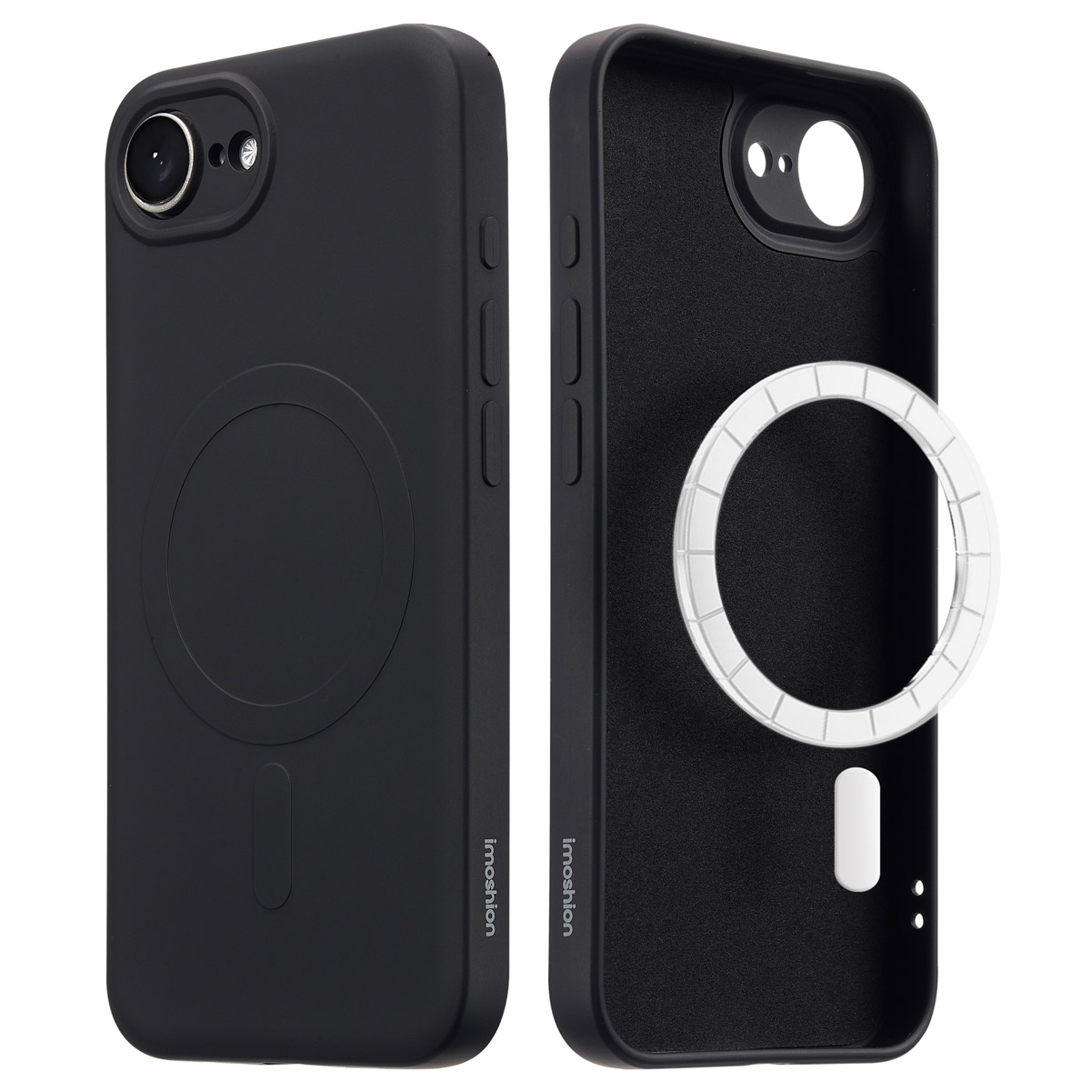 Twee zwarte telefoonhoesjes, één met de buitenkant, de andere met de binnenkant met een cirkelvormige magneet.