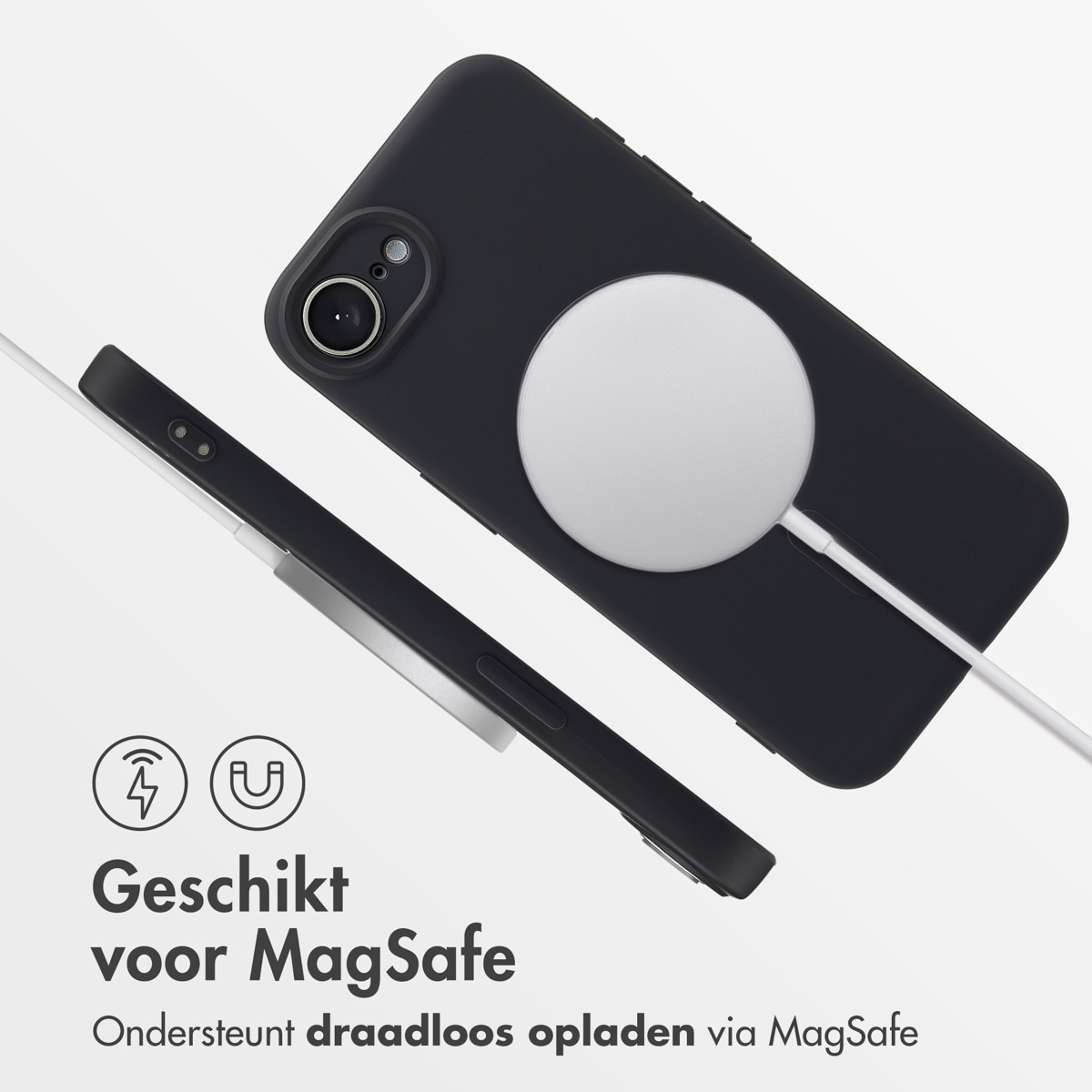 Twee telefoons worden getoond, één met hoesje en draadloze oplader. De tekst luidt 'Geschikt voor MagSafe'.