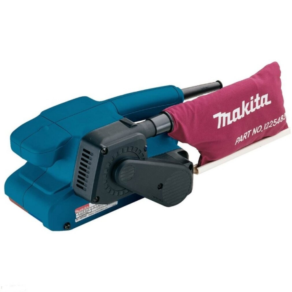 Blauer Makita-Bandschleifer mit rotem Staubbeutel, von oben gesehen.