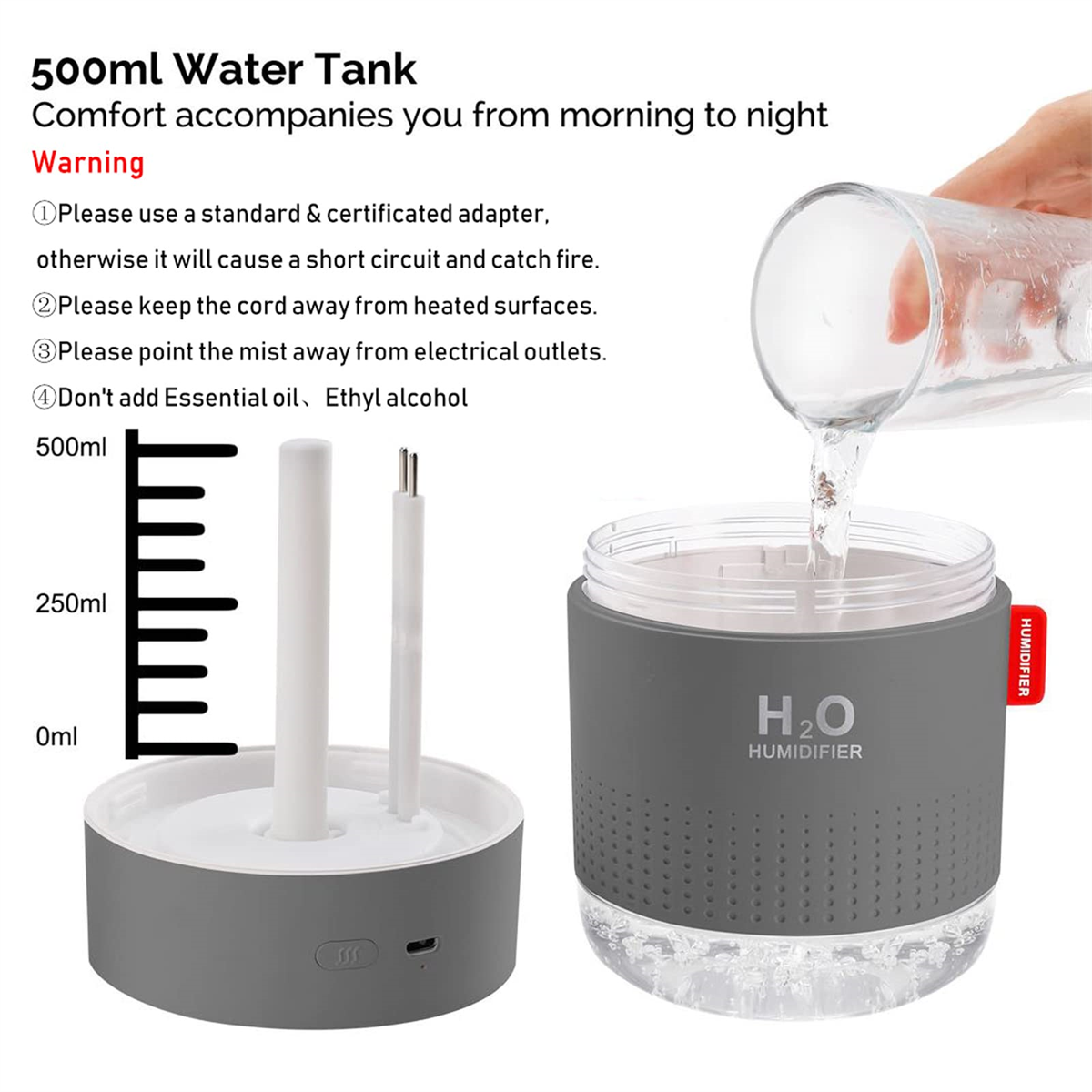 Luftbefeuchter, in den Wasser aus einem Glas gegossen wird. Anweisungen und eine Wasserstandsanzeige sind vorhanden.