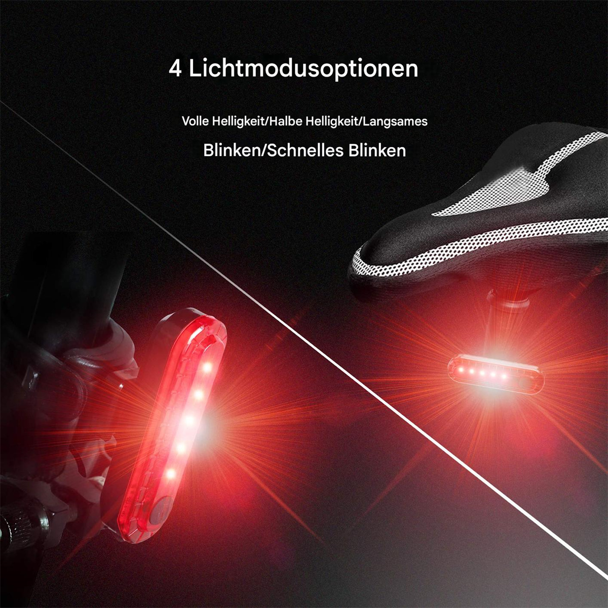 Rote Fahrradlichter mit verschiedenen Beleuchtungsmodi, mit schwarzem Hintergrund.