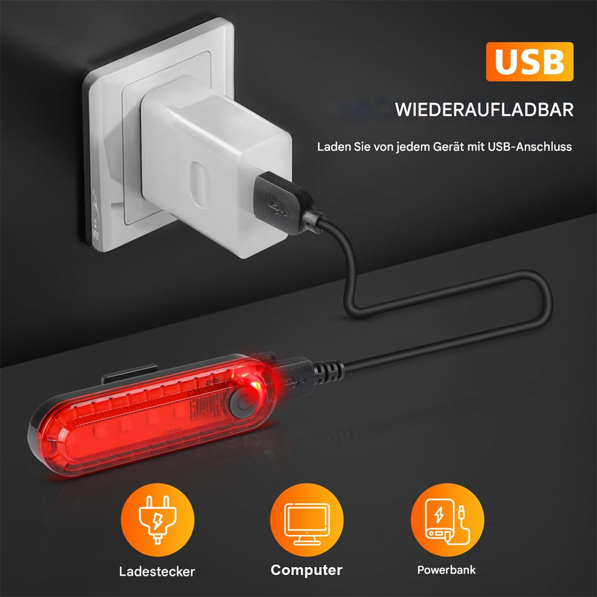 Rotes Fahrradlicht, das an ein Ladegerät angeschlossen ist. Ladegerät an einer Steckdose eingesteckt. USB-Zeichen.