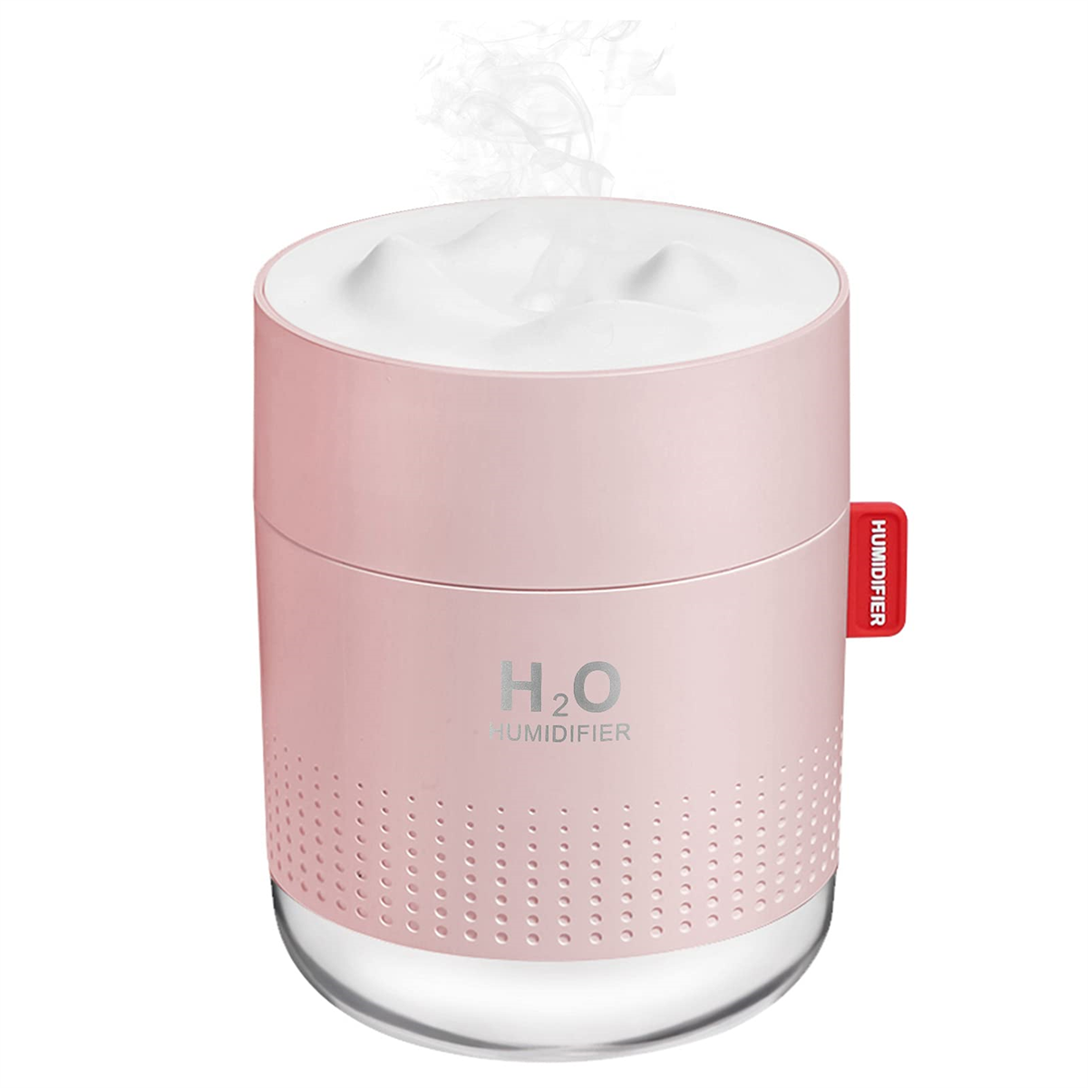 Rosa Luftbefeuchter mit weißer Oberseite. Rotes 'Humidifier'-Etikett und klarer Boden.