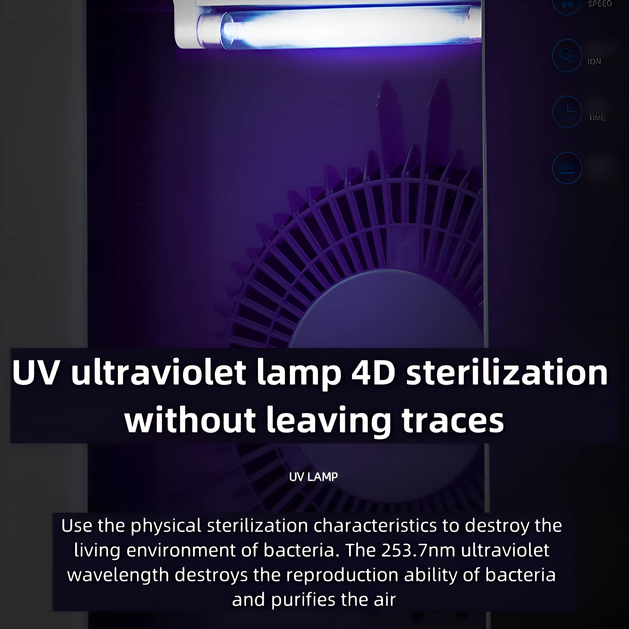 UV-Sterilisationslampe mit Ventilator und Text.